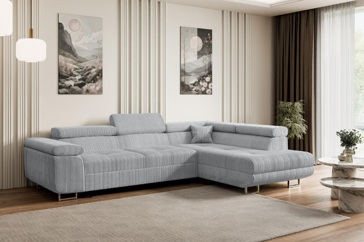 ECKSOFA mit Schlaffunktion und Bettkasten GUSA-L 272x202x107 cm Grau Cord - Silberfarben/Grau, Holzwerkstoff/Textil (272/202cm) - ALTDECOR