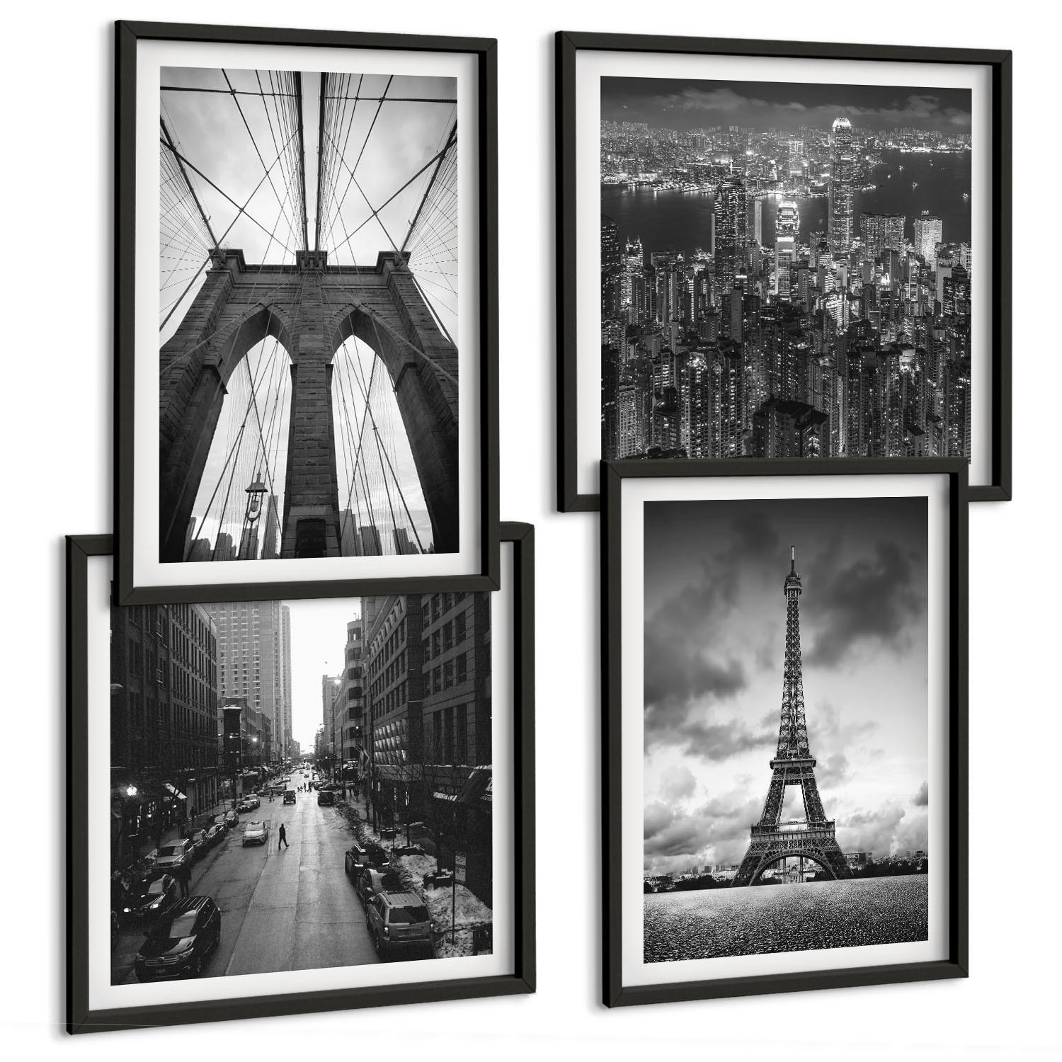 BILDER SET 4er Set - 50x50 cm & 40x60 cm Schwarzer Rahmen - Monochromatische Brückentürme - Schwarz, Kunststoff (50/50cm) - TULUP