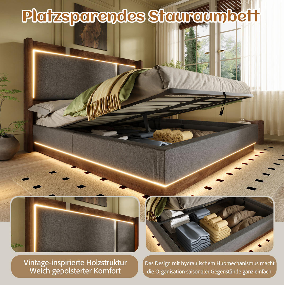 POLSTERBETT 90x200 cm in Grau mit LED-Beleuchtung, Lattenrost und Bettkasten - Grau, Textil (90/200cm) - IVMEU