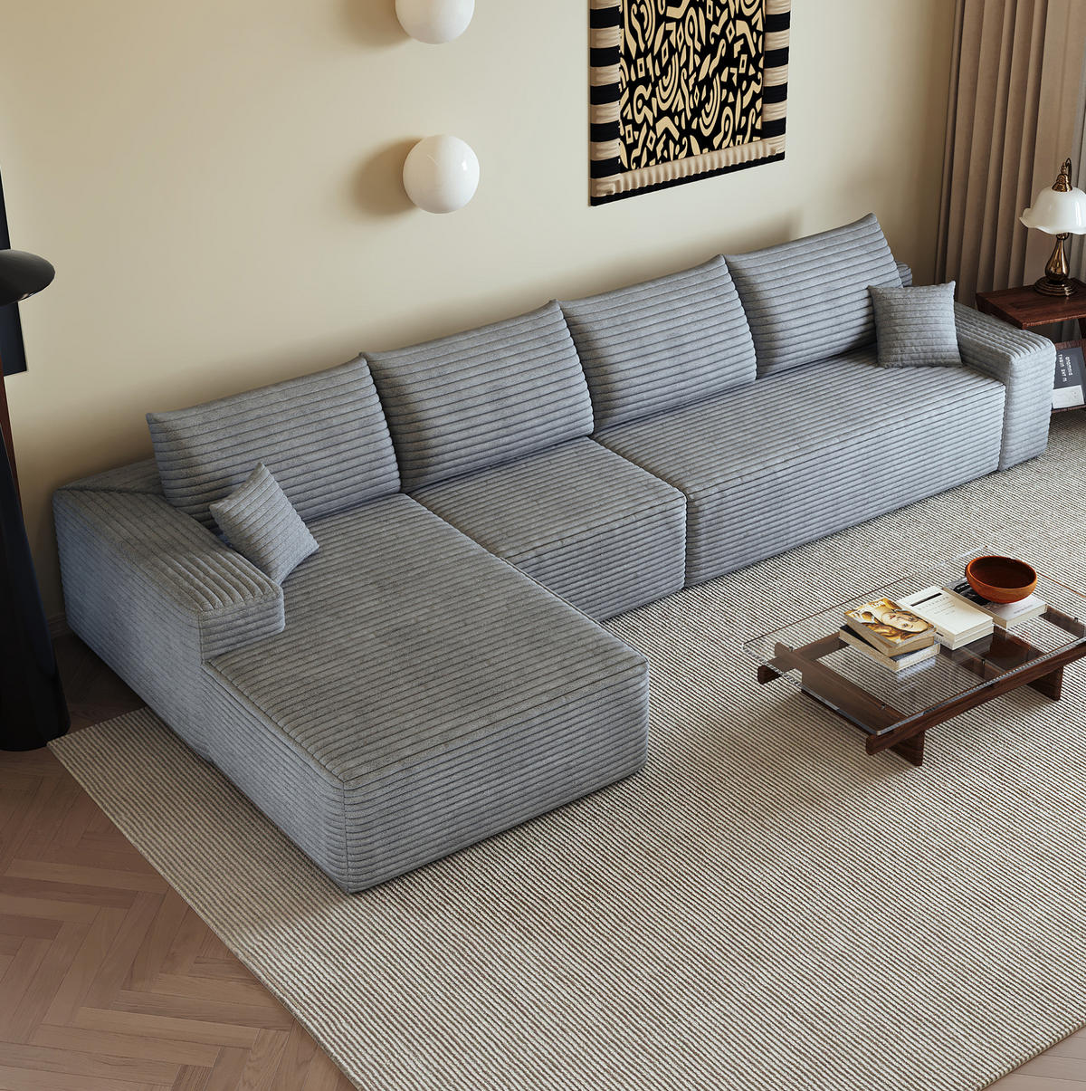 ECKSOFA 340/175/83 cm in Grau aus Cord mit tiefer Sitzfläche - Grau, Textil (175/340cm) - Flora Grace