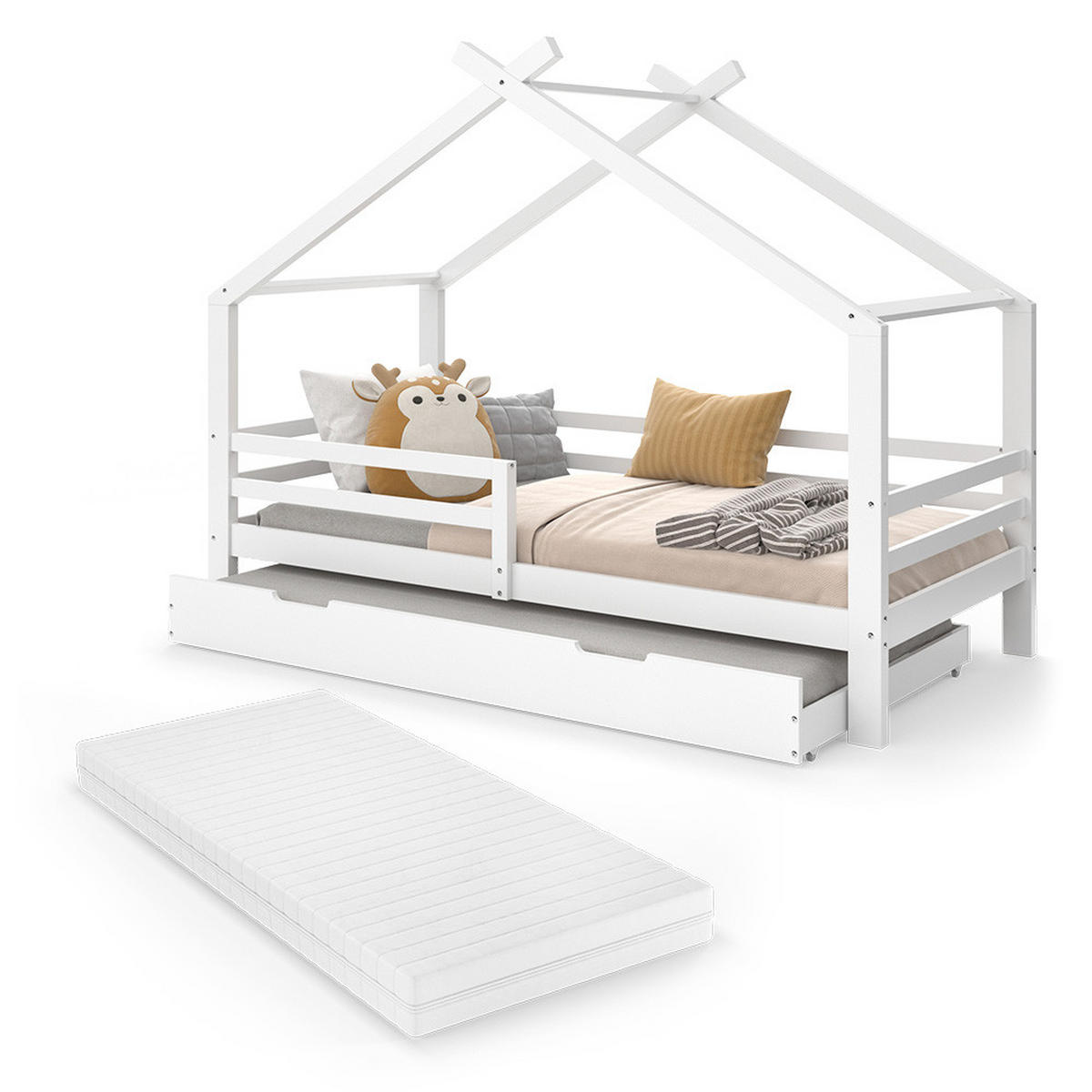 HAUSBETT Luni Weiß 200 x 90 cm mit Gästebett und Matratze - Weiß, Holz - VitaliSpa