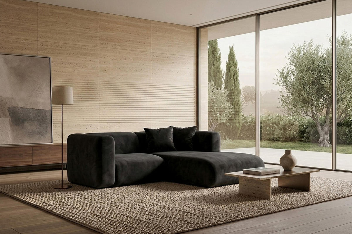 ECKSOFA L-Form mini, Velvet-Stoff Bluvel, Schwarz, Rechts, GRETA - Schwarz, Holz (226/179cm) - Kaiser Möbel