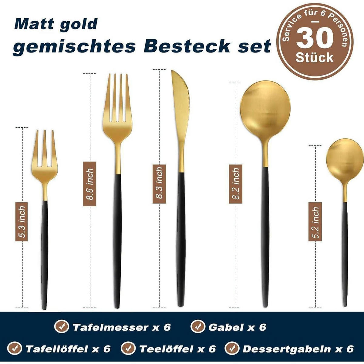 BESTECKSET 30-teilig Schwarz Gold Matt - Multicolor, Metall