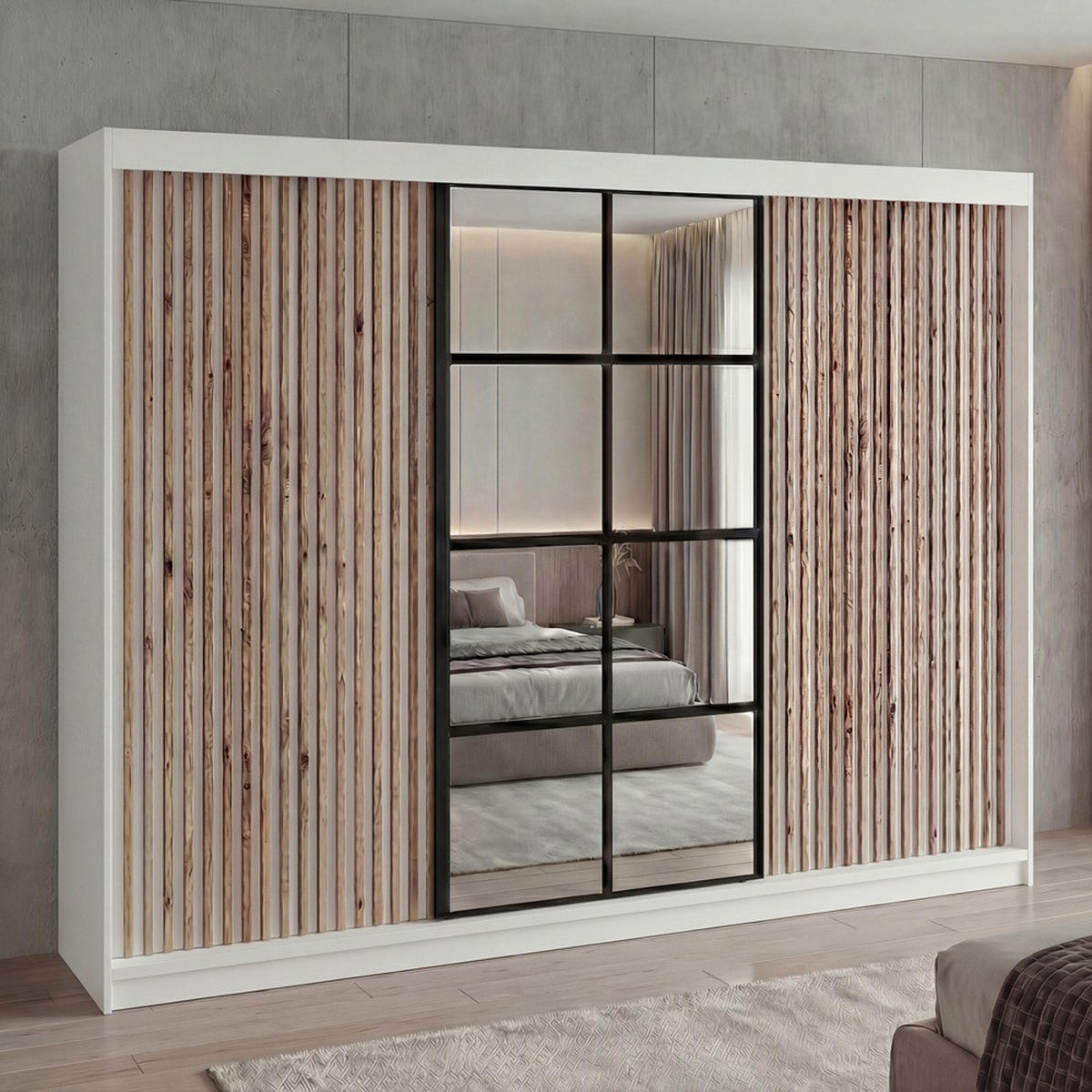 SCHWEBETÜRENSCHRANK NORIVO-Weiß, Weiß-Lamelle, Schwarz-Spiegel, Weiß-Lamelle 200 cm - Schwarz/Weiß, Holzwerkstoff (200/215/59.5cm) - A&J MöbelLand