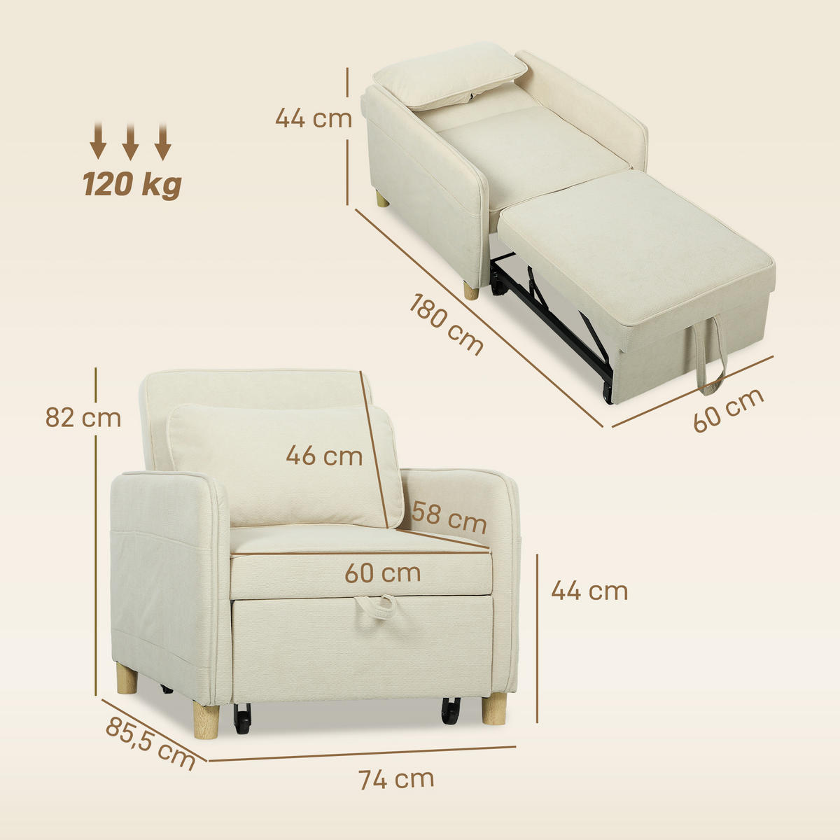 SCHLAFSESSEL Polyester Beige - Beige, Kunststoff/Textil (74/82/85.5cm) - HOMCOM