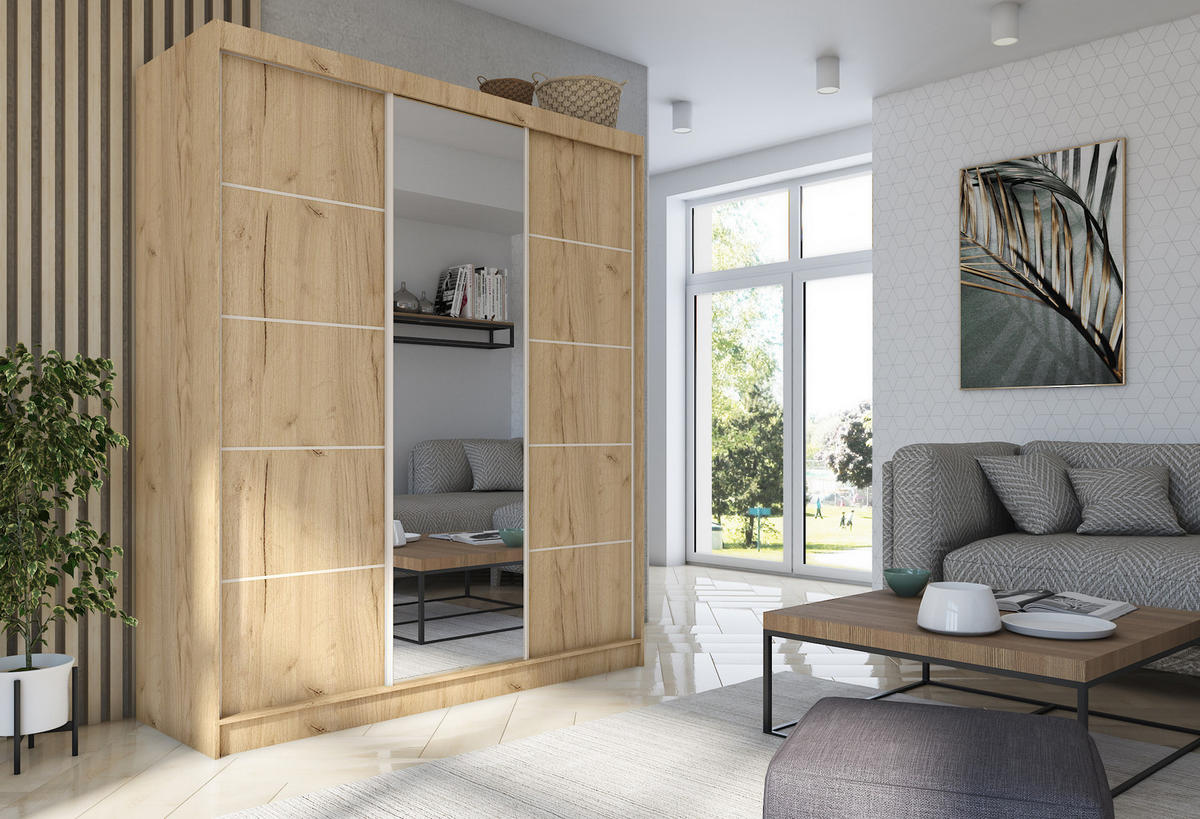 SCHWEBETÜRENSCHRANK MIRELLA 180/216/61 cm 3-türig mit Spiegel Eiche Artisan - Eiche Artisan, Holzwerkstoff (180/216/61cm) - MASSENO