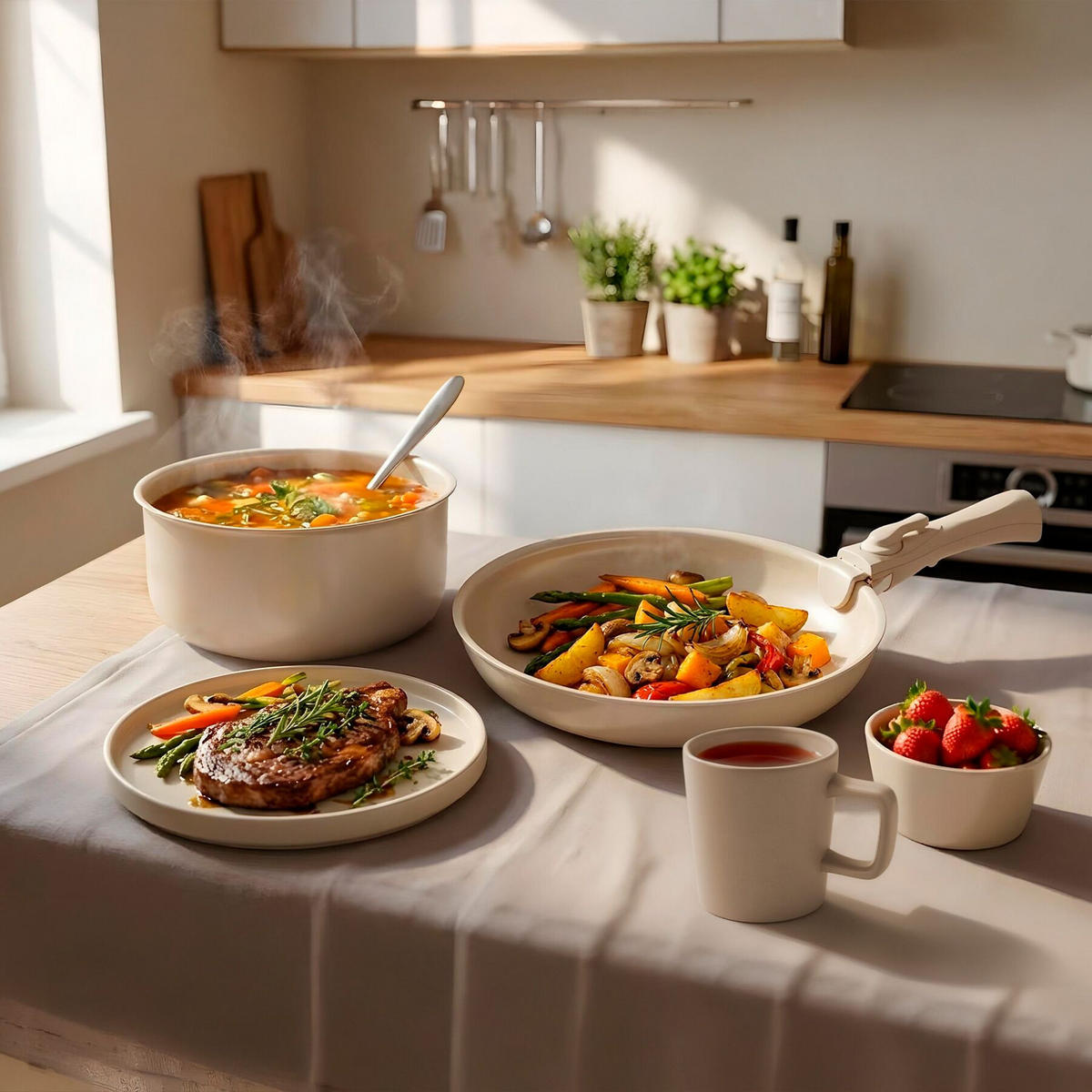 KÜCHENSTARTERSET 46er Set Una/Genua, inklusive Küchenwerkzeugen, Topfschonern und anklemmbaren Griffen, taupe/weiß - Taupe, Keramik (27.5/13/44cm) - tectake