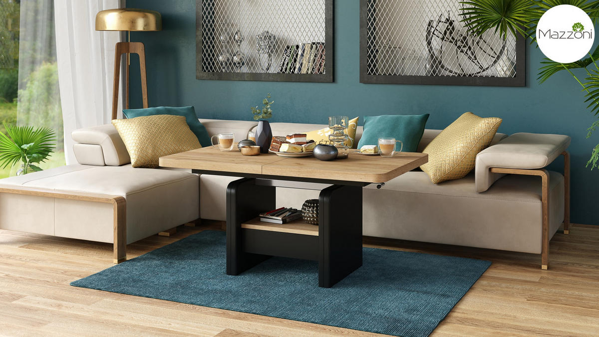 COUCHTISCH rechteckig Eiche Gold - Schwarz höhenverstellbar ausziehbar - Eichefarben/Schwarz, Holzwerkstoff (75/180/75cm) - designimpex