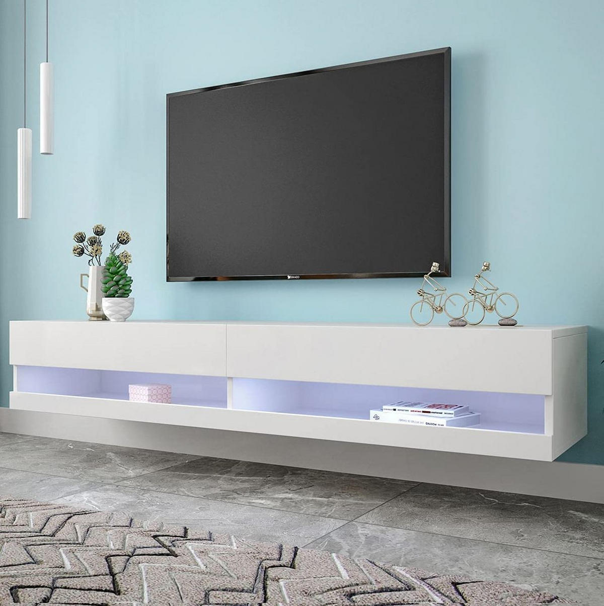 TV ormarić od MDF-a 140x40x30,5 cm bijela s LED rasvjetom, zidna montaža i visokosjajna prednja strana - bijela, drvni materijal (140/30.5/40cm) - Modfu