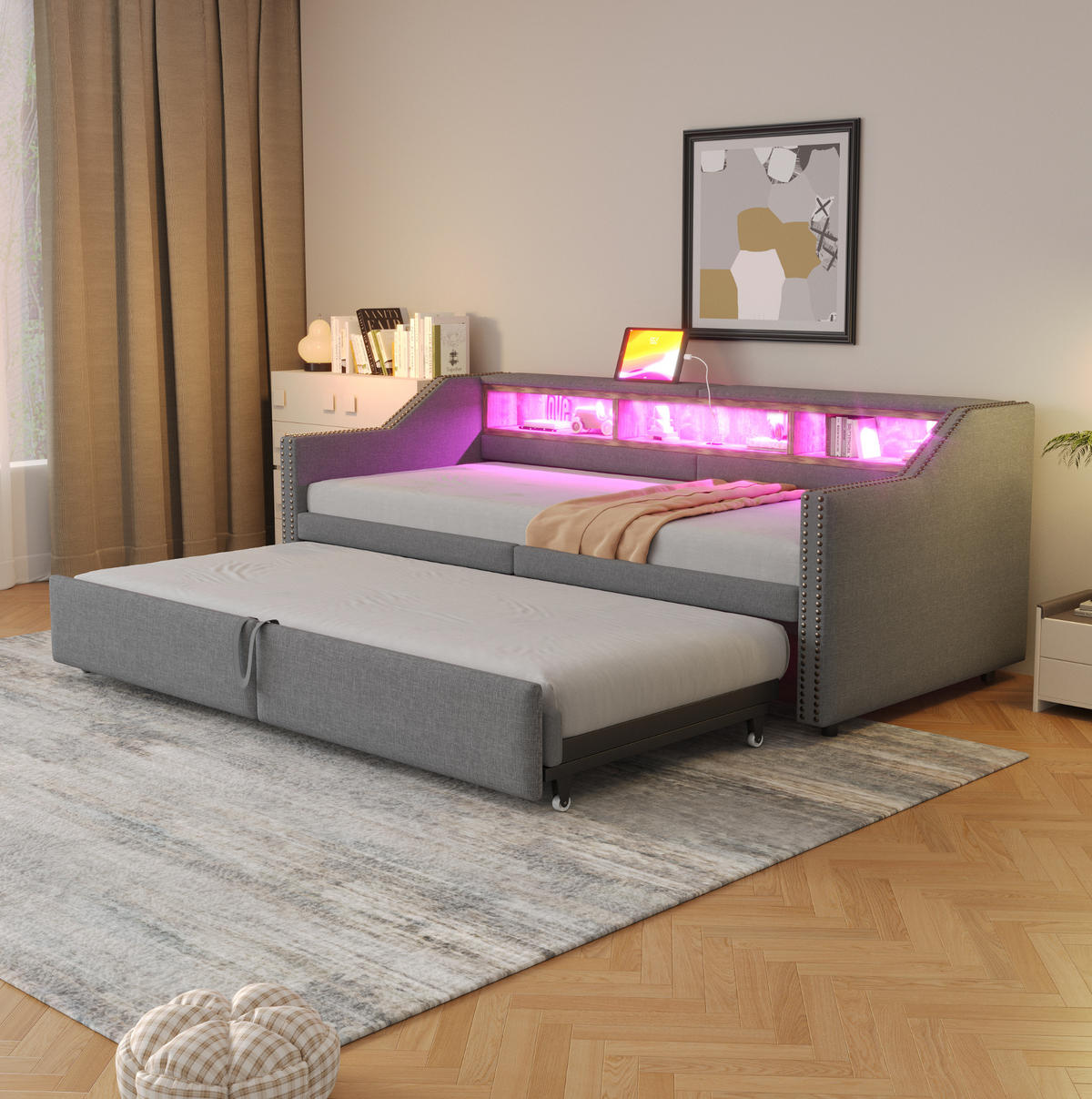 AUSZIEHBETT 90/180×200 cm Hellgrau mit LED-Beleuchtung und USB-Anschlüssen - Hellgrau, Textil (90/200cm) - Flora Grace