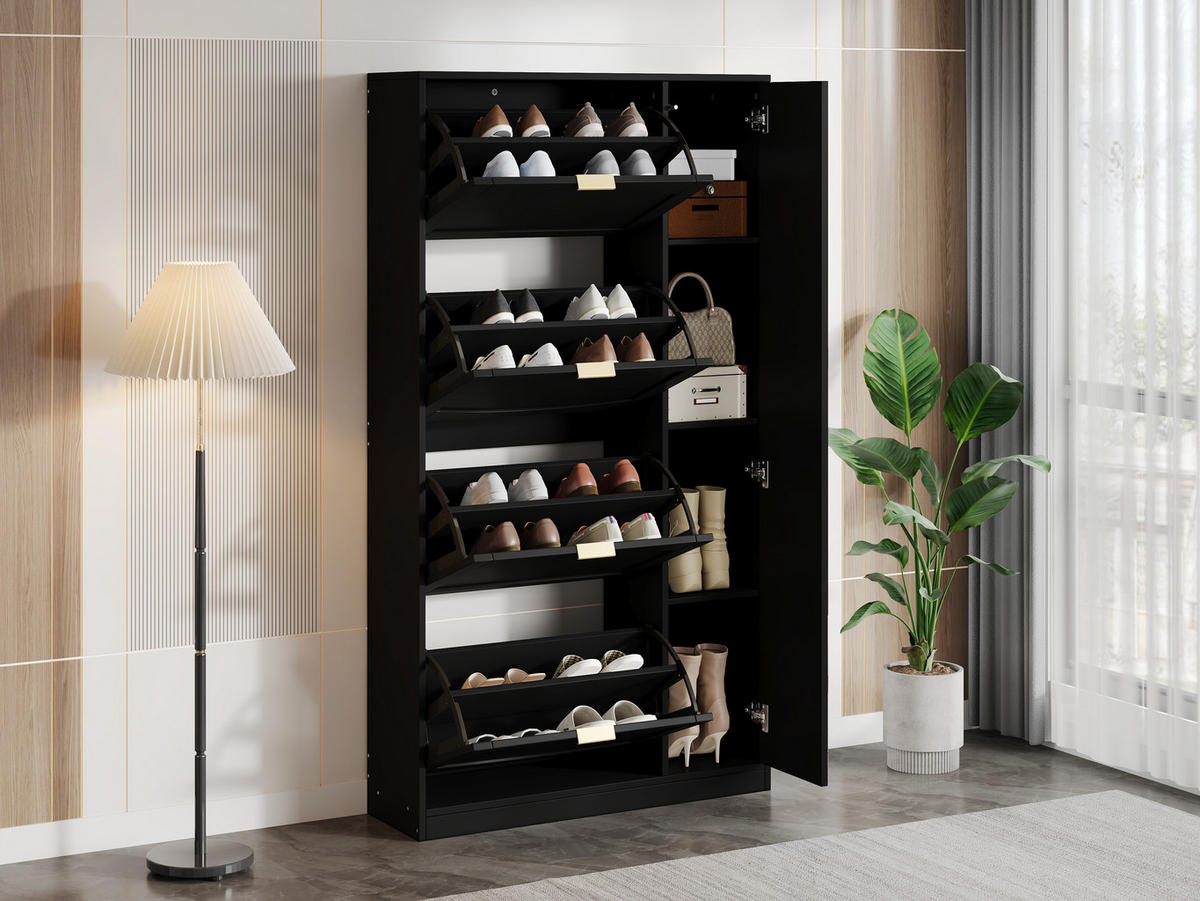 SCHUHSCHRANK Schwarz Spiegel 4 Klappen schmal 80x24x147cm - Schwarz, Holzwerkstoff (24/147/80cm) - FLIEKS