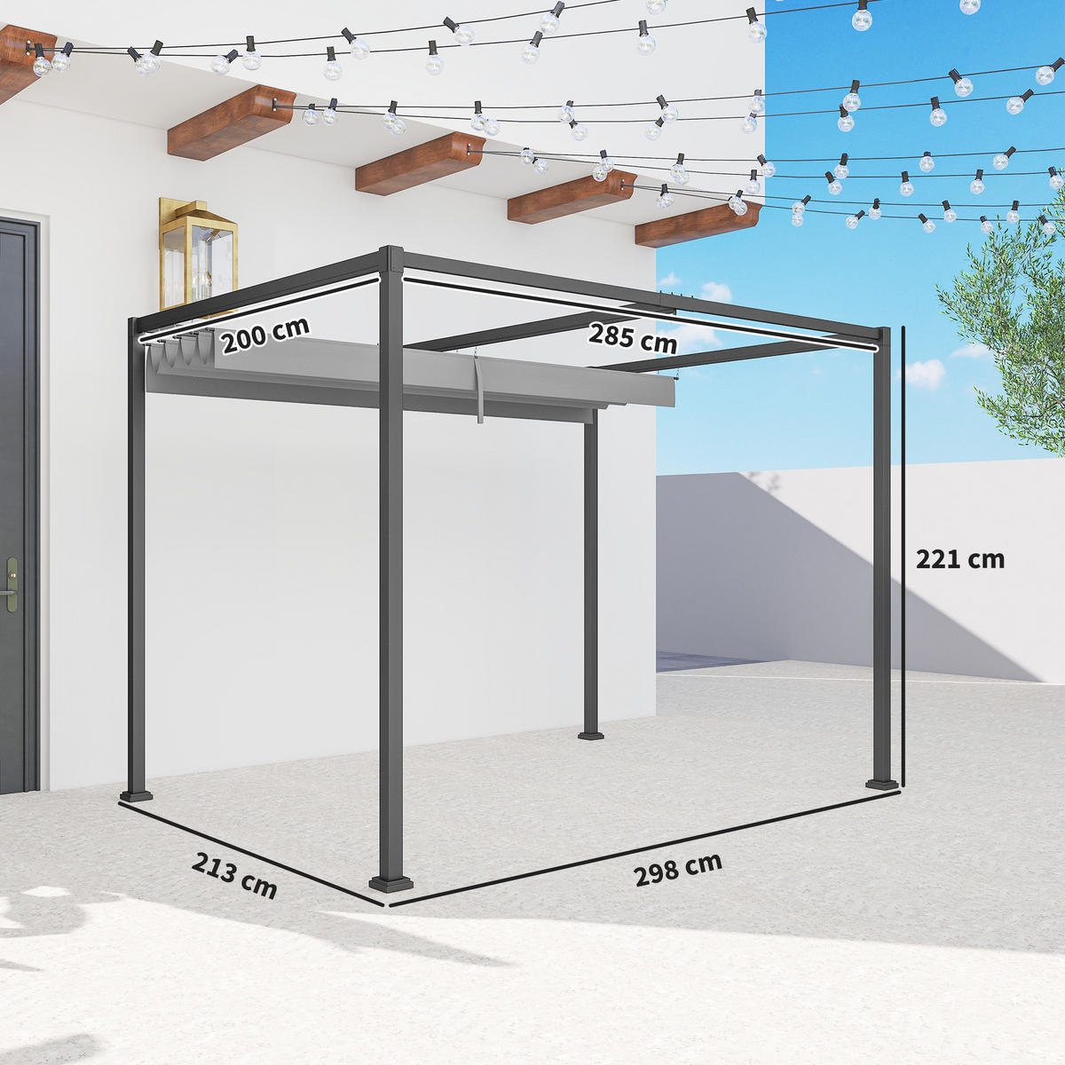 PERGOLA ca. 3 x 2 m als freistehender Gartenpavillon mit verstellbarem Dach und UV-Schutz, Terrassenüberdachung aus Metall, Grau - Grau, Metall (298/221/213cm)