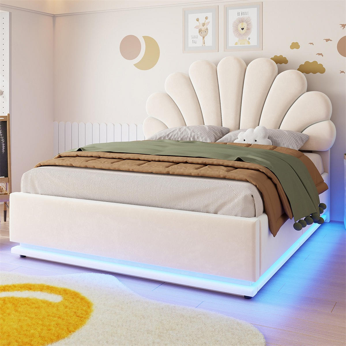 POLSTERBETT 140x200 cm mit Blüten-Kopfteil - LED Beleuchtung & hydraulischem Stauraum - Beige - ohne Matratze - Beige, Textil (140/200cm) - DELFA