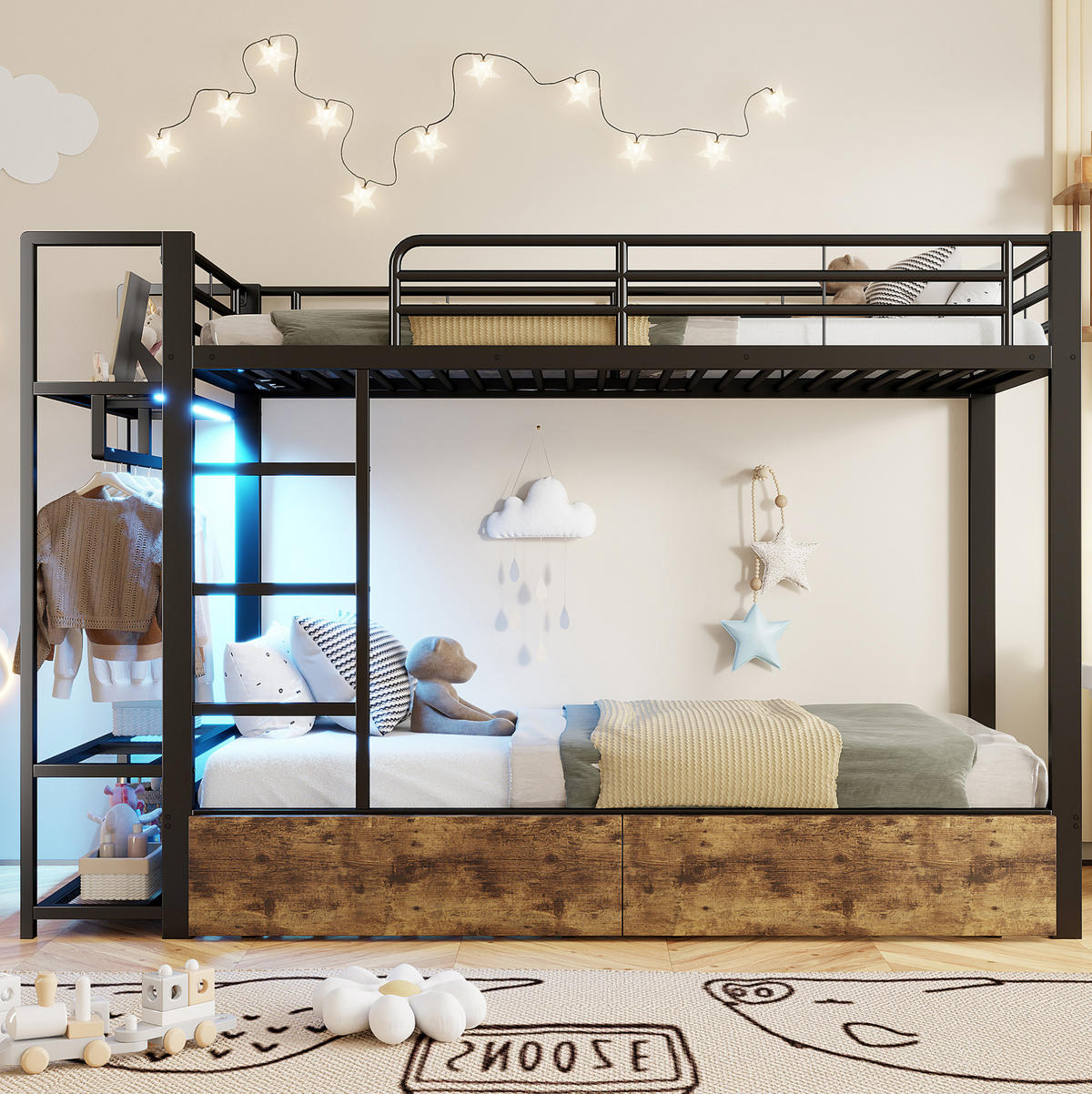 ETAGENBETT 90/200 cm aus Metall und MDF mit LED-Lichtleiste und Schubladen Schwarz - Schwarz, Metall (90/200cm) - Modenvie