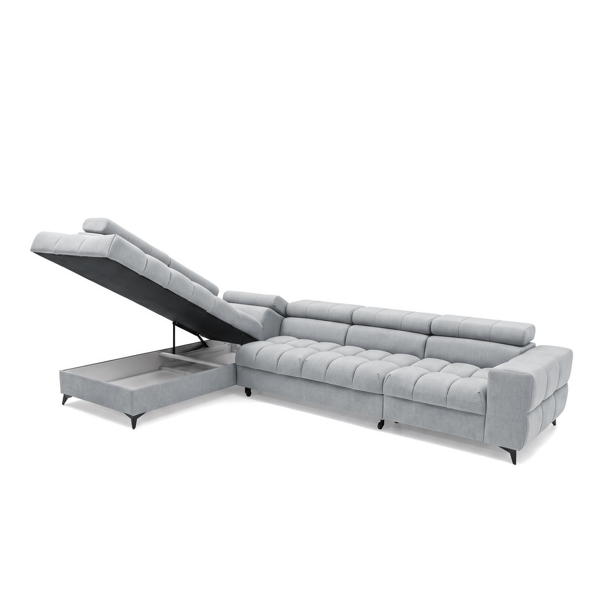 ECKSOFA PUDDING MAXI L Links mit Schlaffunktion 125x195 Velours Hellgrau - Hellgrau/Schwarz, Holz/Textil (203/350cm) - Muffo