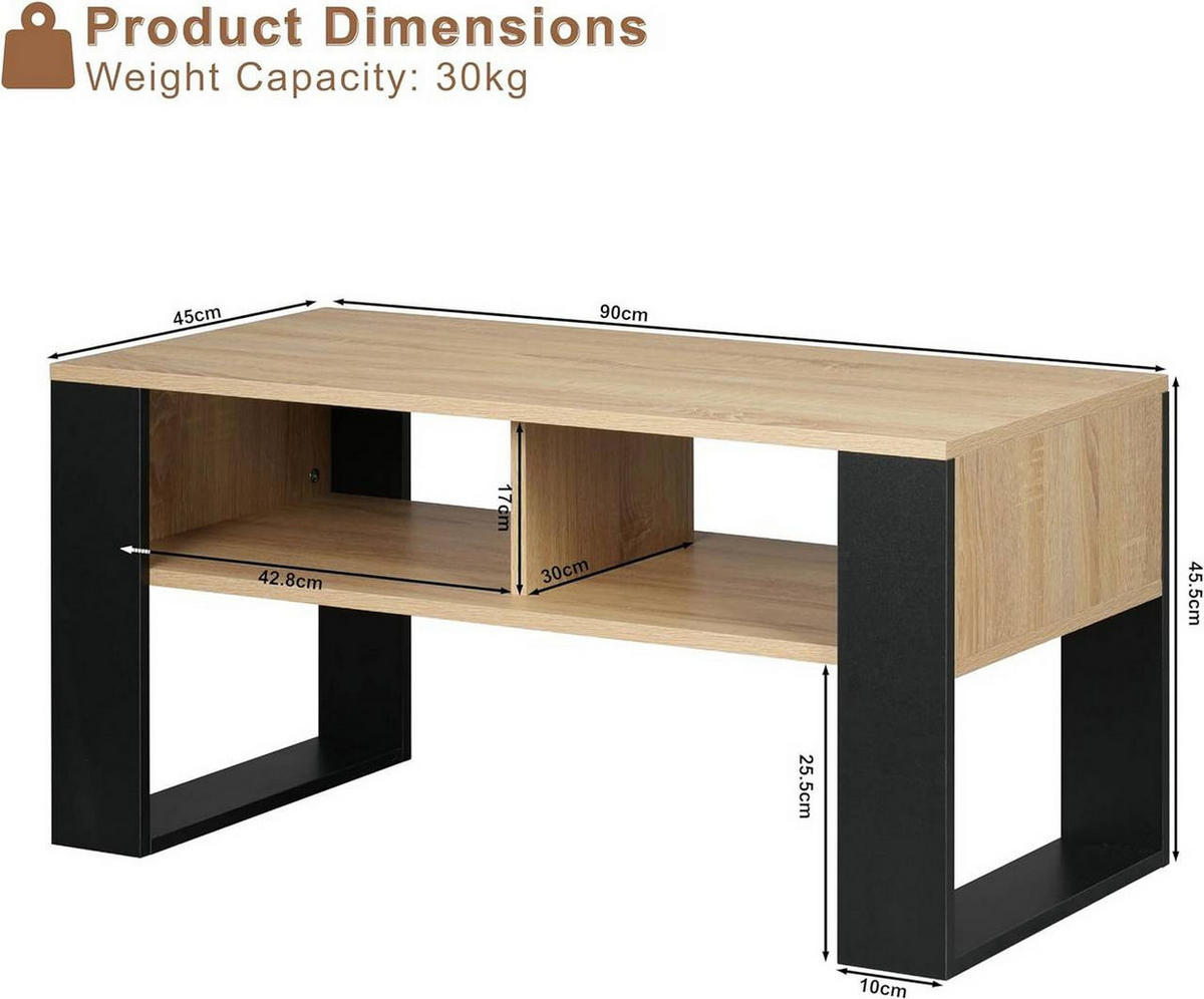 COUCHTISCH mit 2 offene Fächer, Hell Eiche - Ahornfarben/Schwarz, Holzwerkstoff (45/90/45.5cm) - Woltu