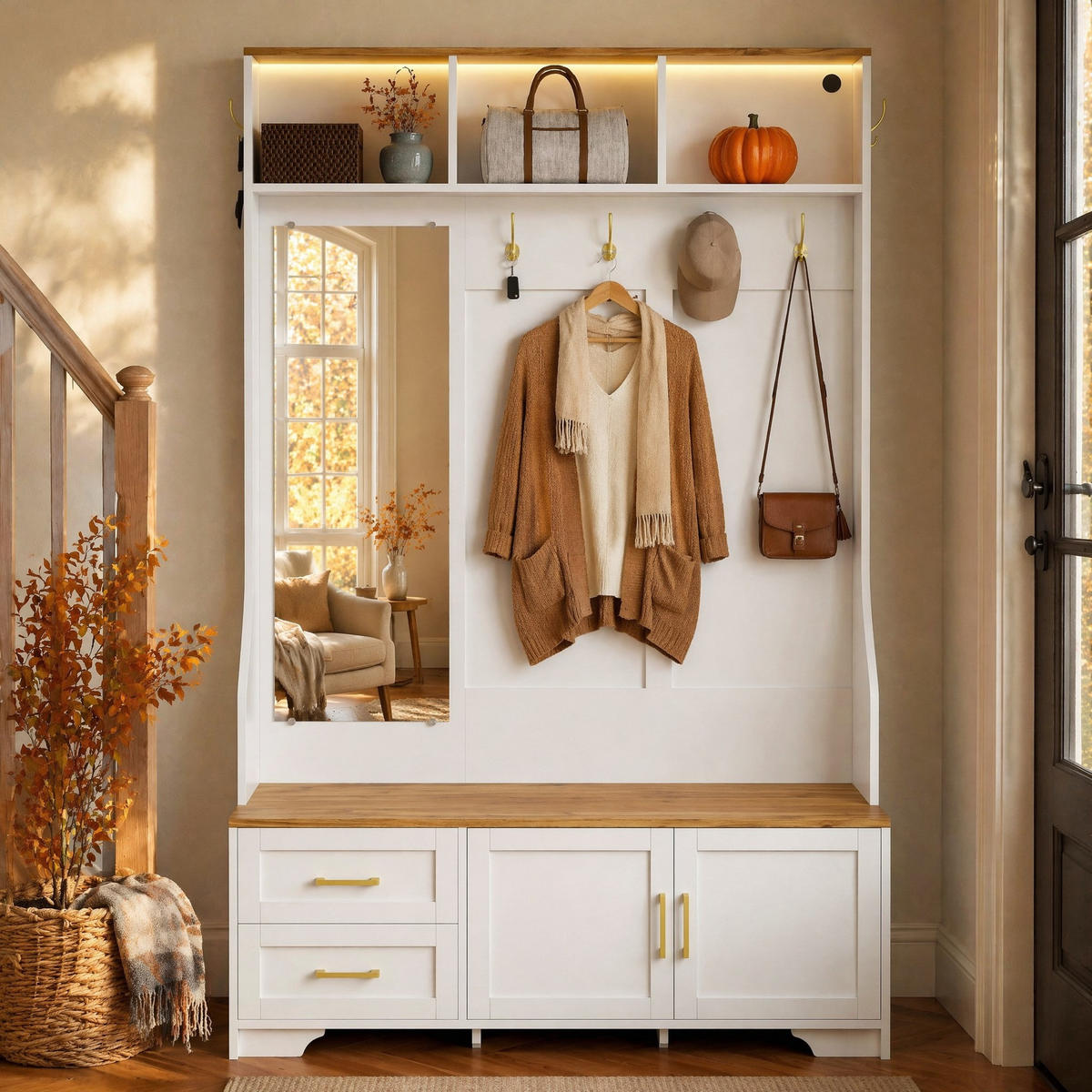GARDEROBE-SET in Weiß mit Spiegel und LED-Beleuchtung für Eingangsbereich und Flur, B120/T40/H187 cm - Weiß/Naturfarben, Glas/Holzwerkstoff (120/187/40cm) - STILVORA