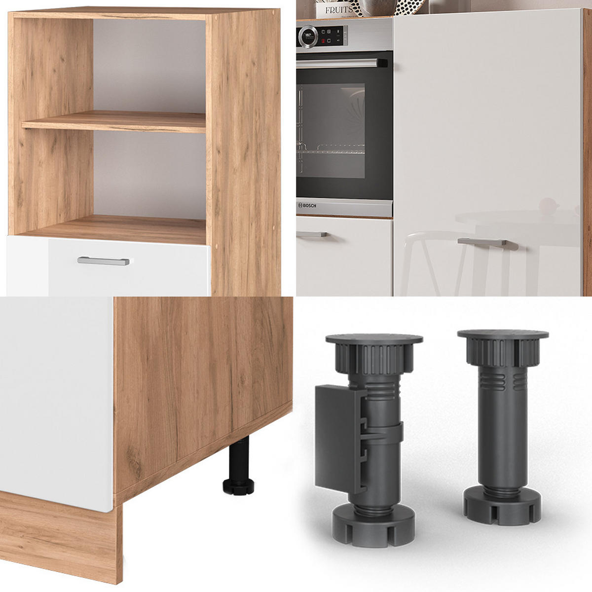 KÜCHENBLOCK R-Line Weiß Hochglanz/Goldkraft Eiche 180 cm ohne AP - Honigeiche/Weiß Hochglanz, Holzwerkstoff (180/81.6/46cm) - Vicco