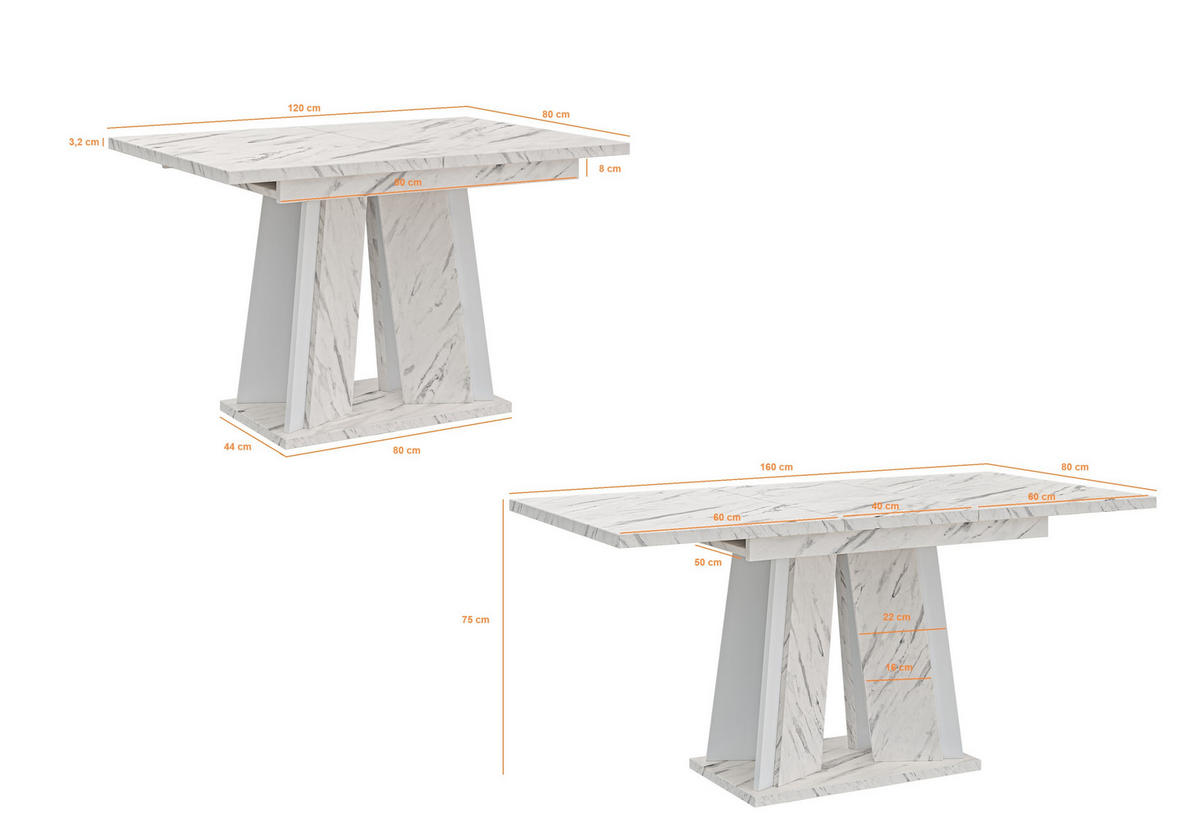 ESSTISCH Ausziehbar 120 - 160 cm Weiß Marmoroptik - Weiß, Holzwerkstoff (120/80/75cm) - PROSPERO