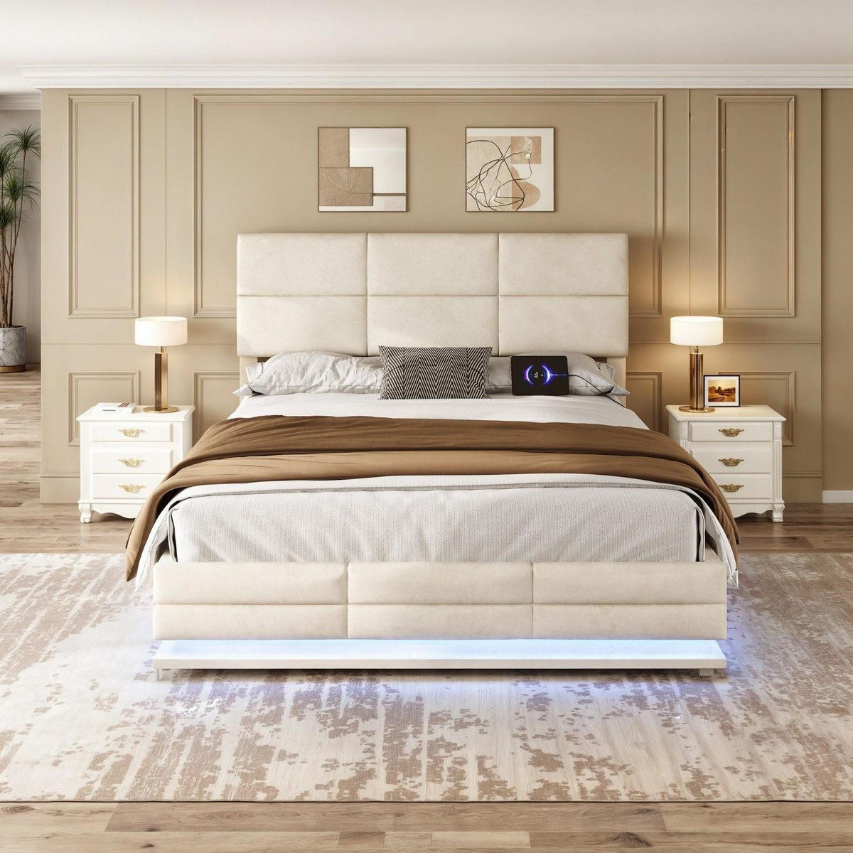BOXBETT 140/200 mit Bettkasten, LED, USB/Typ C-Ladeanschluss,Samt,Beige - Beige, Holz (140/200cm) - LVHOM