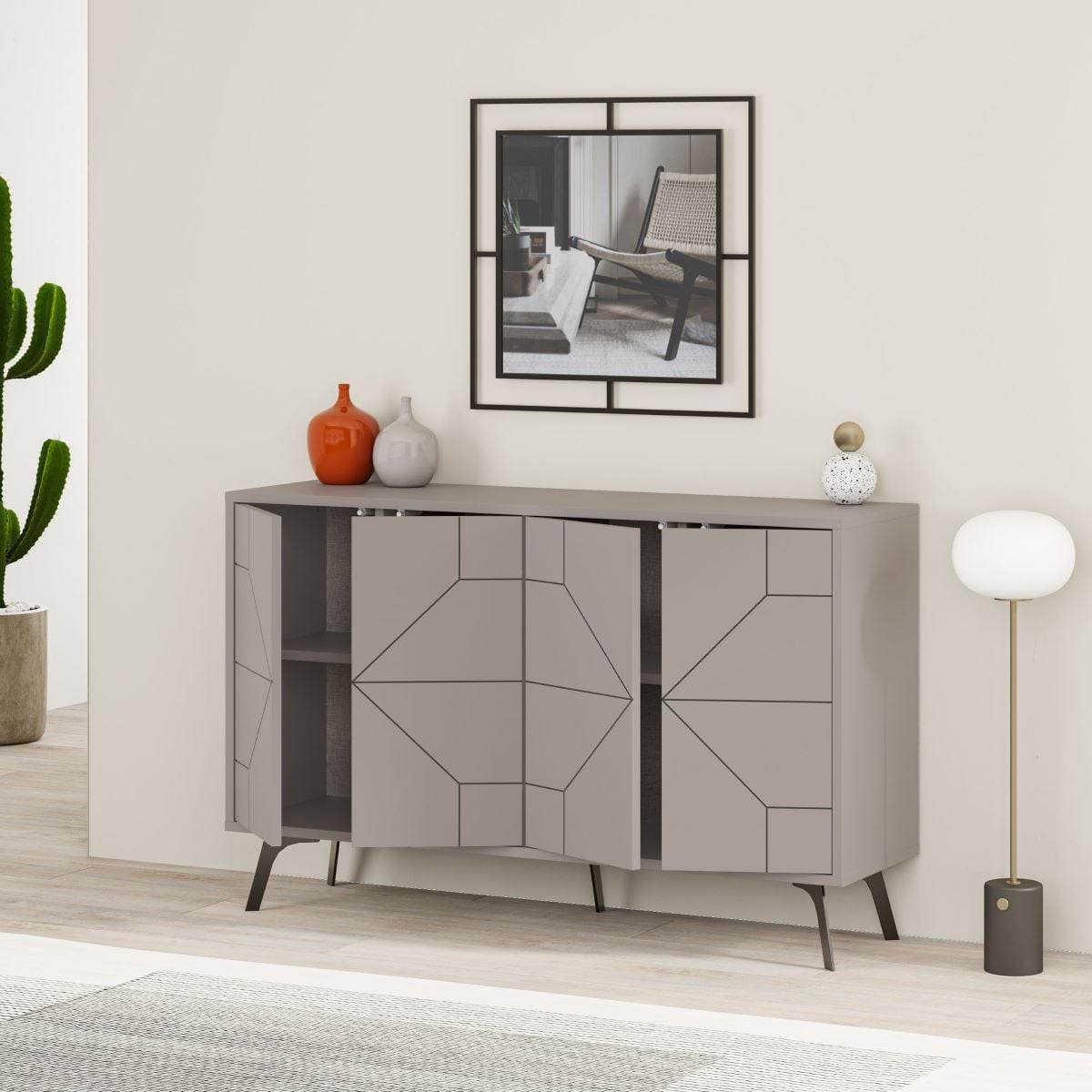 BUFFET mit 4 Türen und dekorierten Türen L123 cm - Dune - Taupe, Holzwerkstoff (35/62.4/123cm) - Calicosy