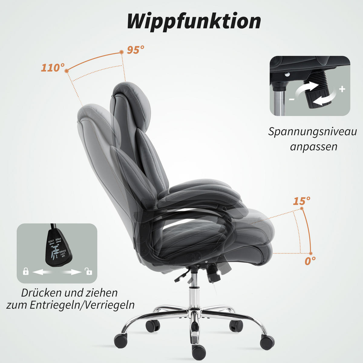 CHEFSESSEL aus PU-Leder Anthrazitgrau - Anthrazit, Leder (68/123/71cm) - HOMCOM