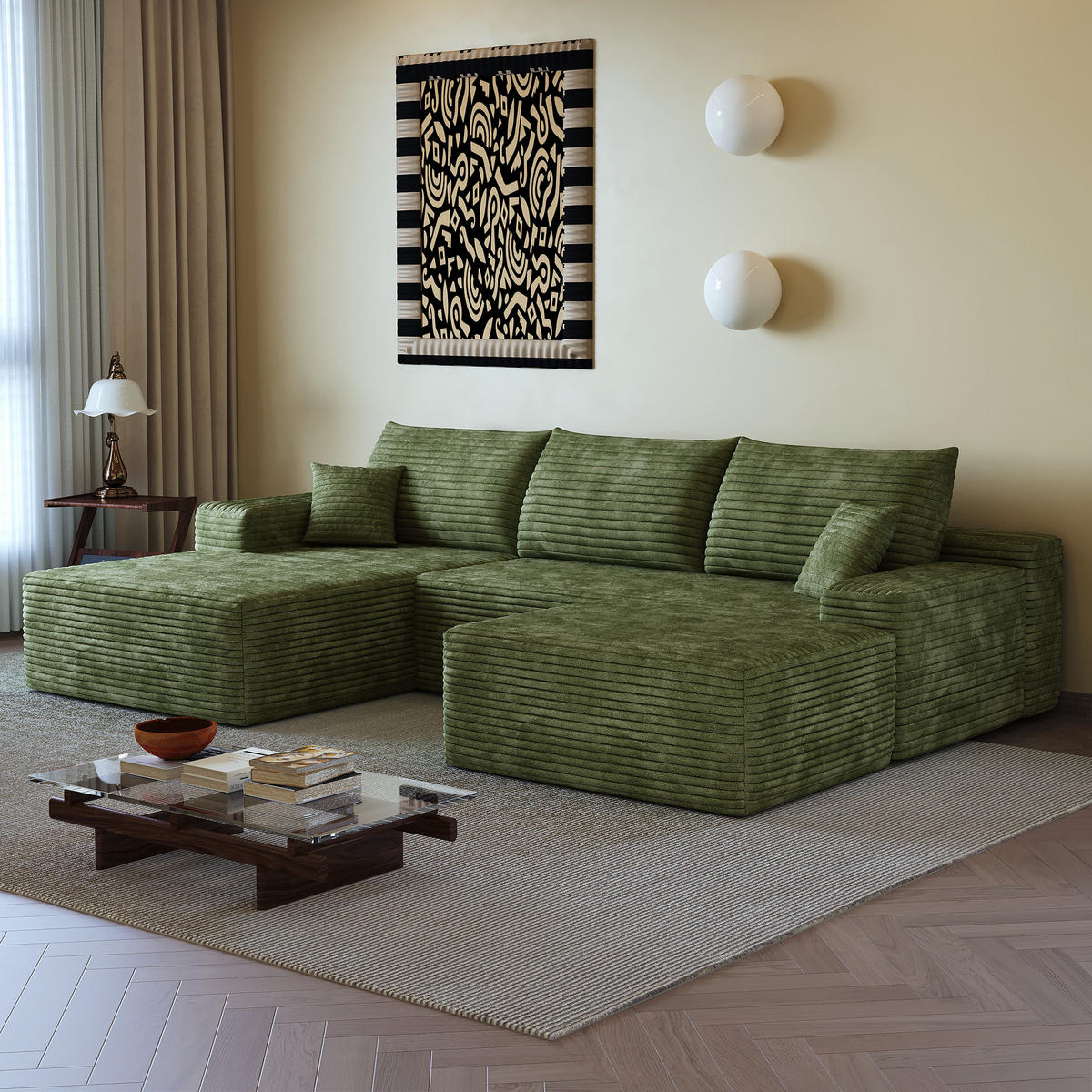 WOHNLANDSCHAFT DE-34857 U-Form 2-Sitzer Chaiselongue links Grün - Grün, Textil (175/83/270cm) - ComfortXL
