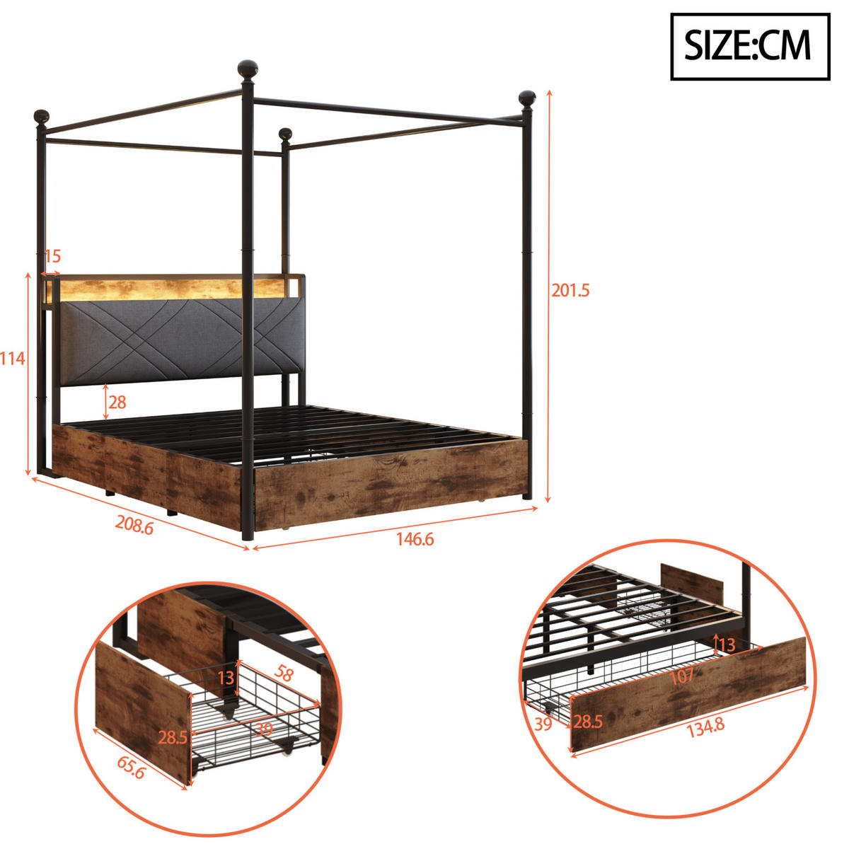 METALLBETT 140/190 cm mit LED-Beleuchtung, Stauraum und USB- und Type-C-Anschlüssen - Schwarz, Metall (140/190cm) - Flora Grace