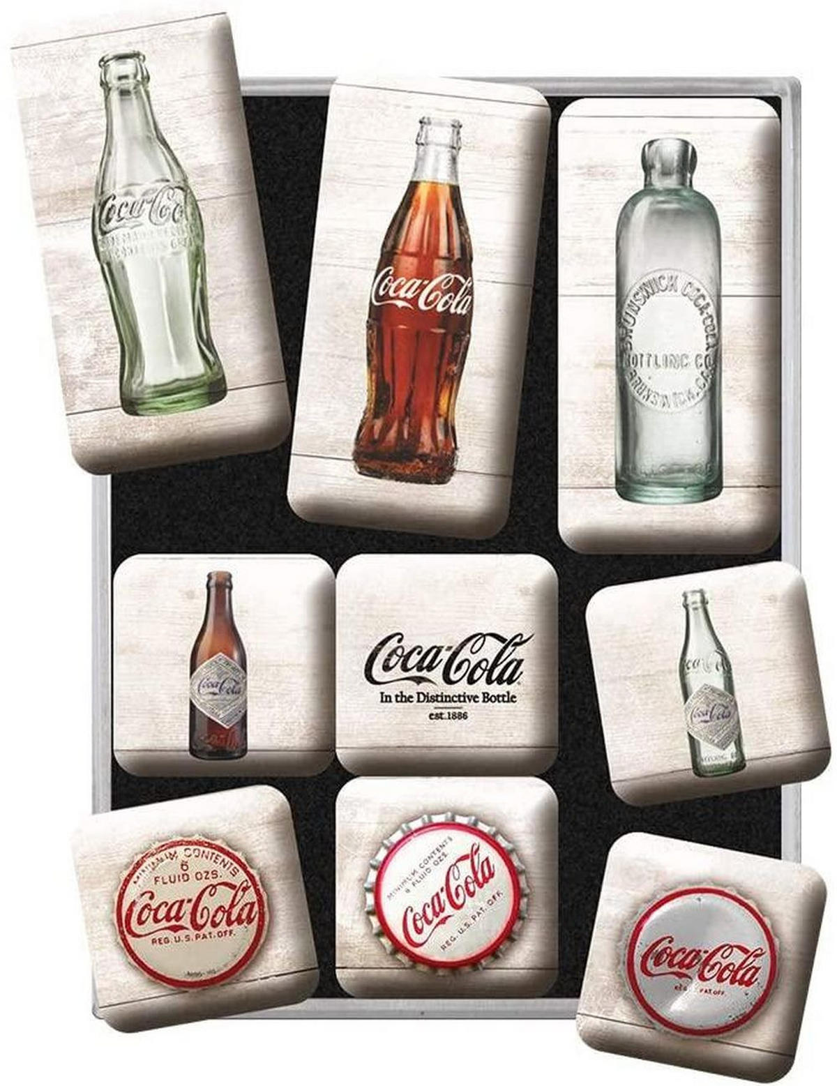 MAGNETSET 9-teilig Coca-Cola Bottle Timeline - Multicolor, Metall (7/9/2cm) - Nostalgic-Art