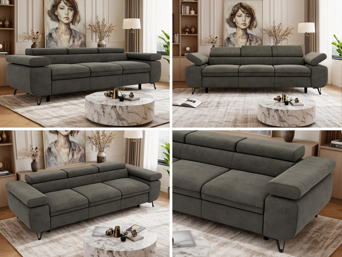 TŘÍMÍSTNÁ POHOVKA PETER 3 - Tmavě šedá Samet - černá/tmavě šedá, kov/textil (262/76/99cm) - MKS
