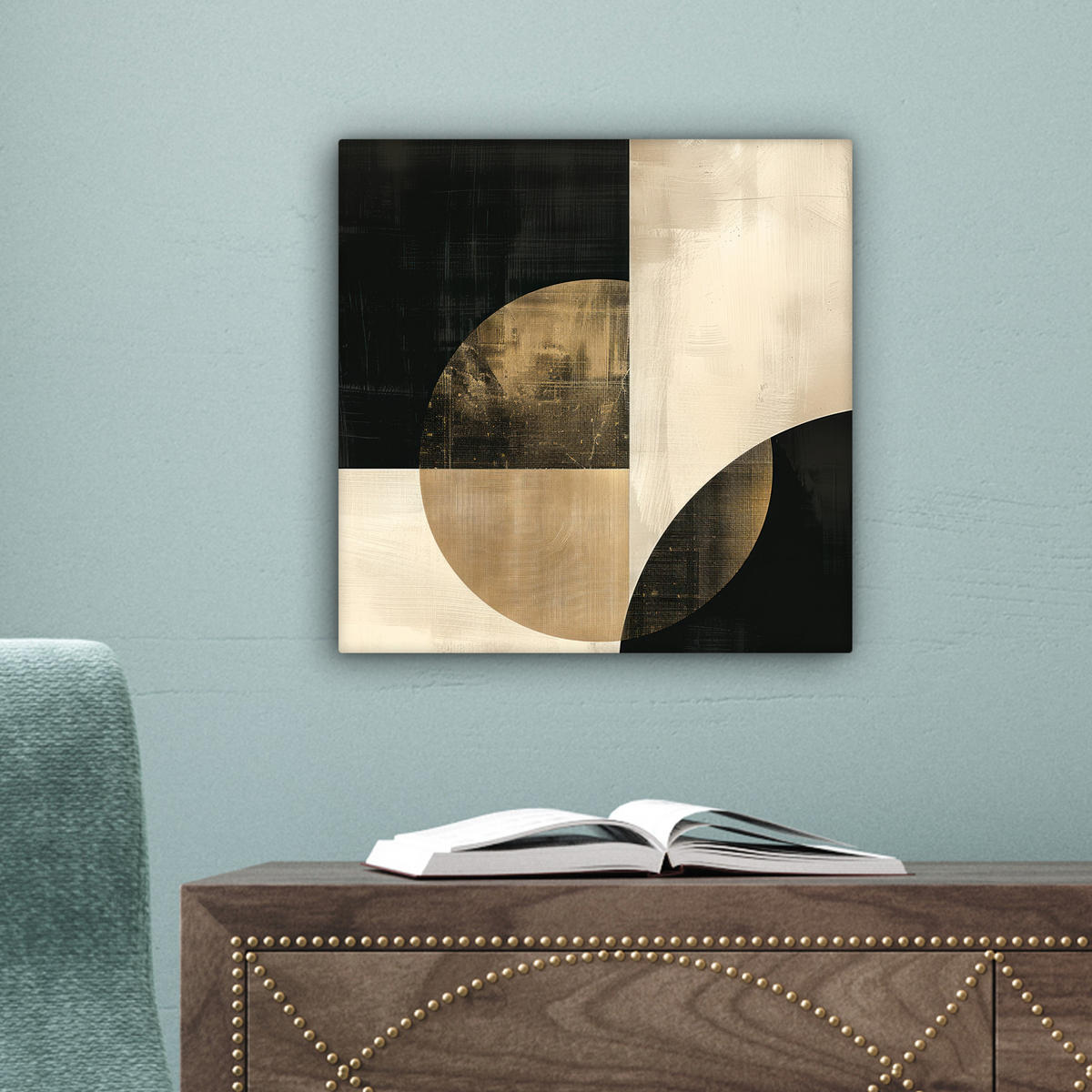 LEINWANDBILD Abstrakt - Geometrische Formen - Schwarz - Gold Deko Wohnzimmer 20x20 cm - Ecru, Textil (20/20cm) - MuchoWow