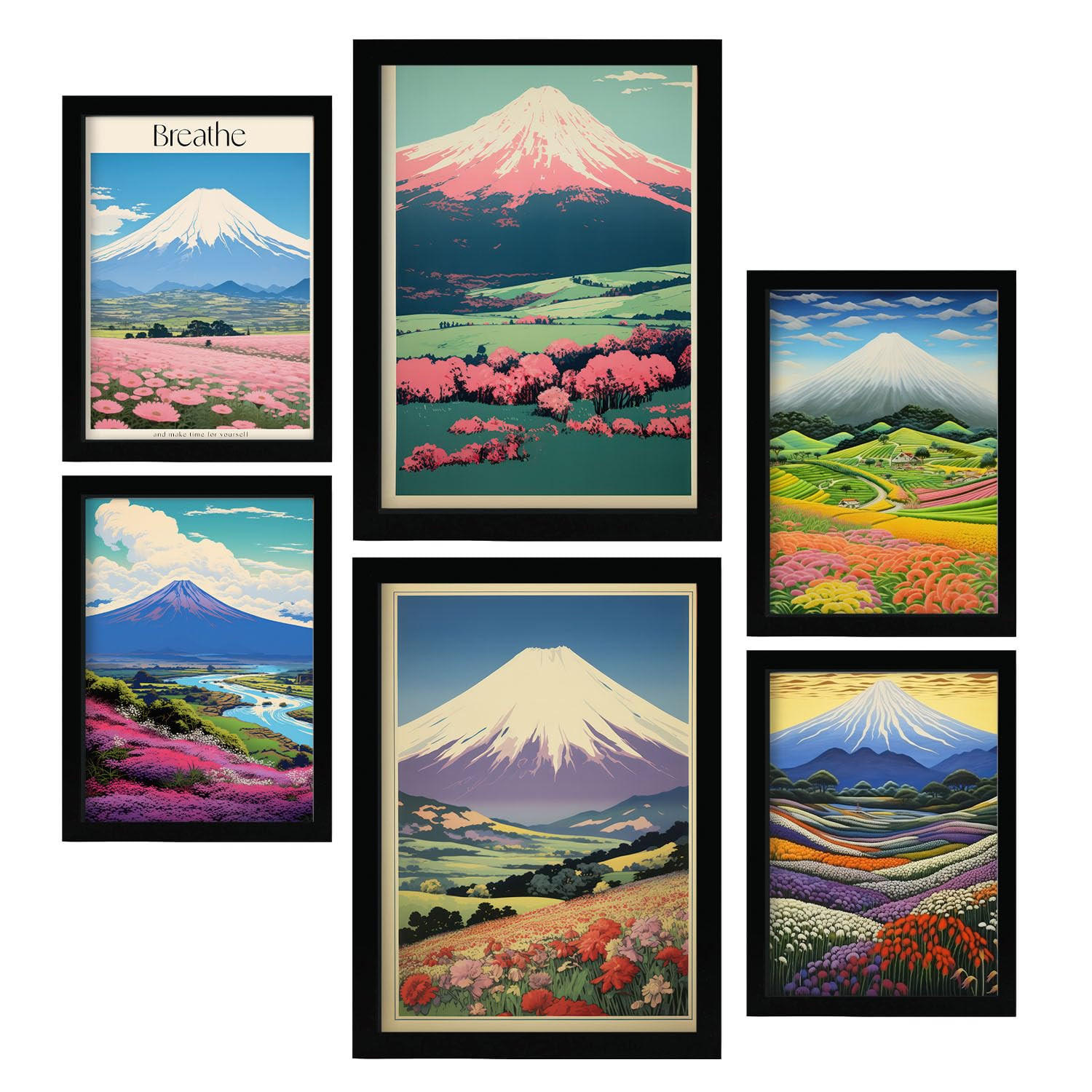 POSTER Set Mit 6 Massiver Berg In Vielseitiger Stil A3 & A4 Schwarzer Rahmen - Schwarz, Papier (29/3cm) - Nacnic