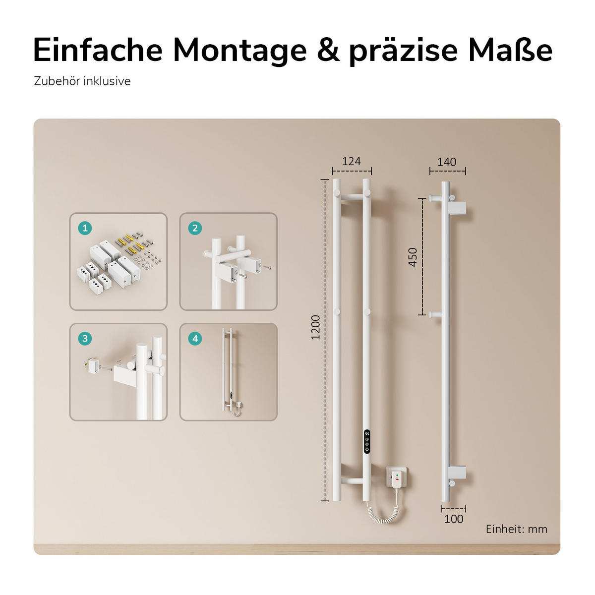 HEIZKÖRPER elektrisch vertikal 120 x 12,4 cm mit Smart-Steuerung Weiß - Weiß, Metall (12.4/120/14cm) - EMKE