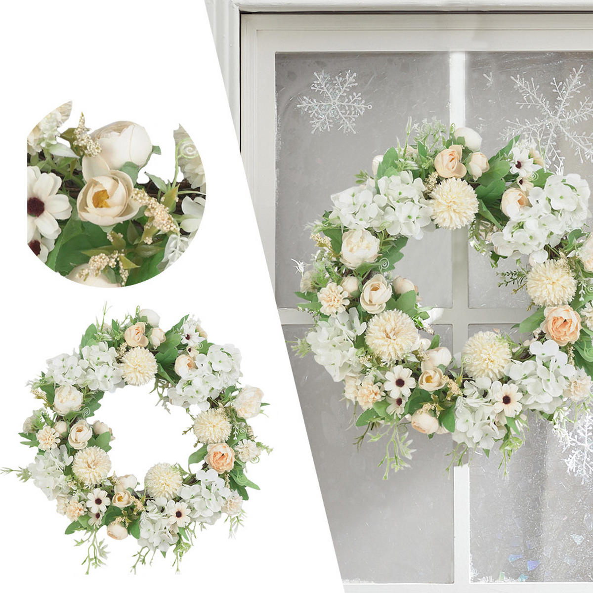 KUNSTBLUME Pfingstrosen und Mischblumen Künstlicher Frühlingskranz für Hochzeit und Dekoration - Weiß, Kunststoff (20cm) - Livingandhome