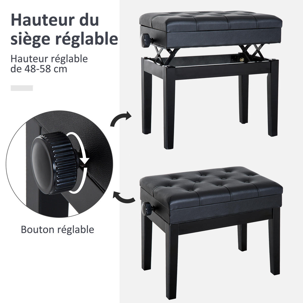 HOCKER DE-16364 höhenverstellbar mit verstecktem Fach Schwarz - Schwarz, Holzwerkstoff (33/58/545cm) - ComfortXL