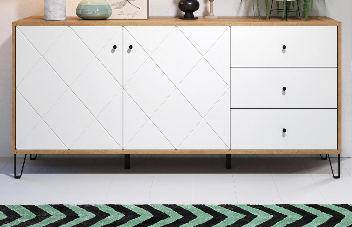 SIDEBOARD weiß matt mit Rautenoptik, Eiche Artisan 183 cm, Kommode mit Soft-Close - Eichefarben/Schwarz, Holzwerkstoff/Kunststoff (183/76/40cm) - Top.Furn