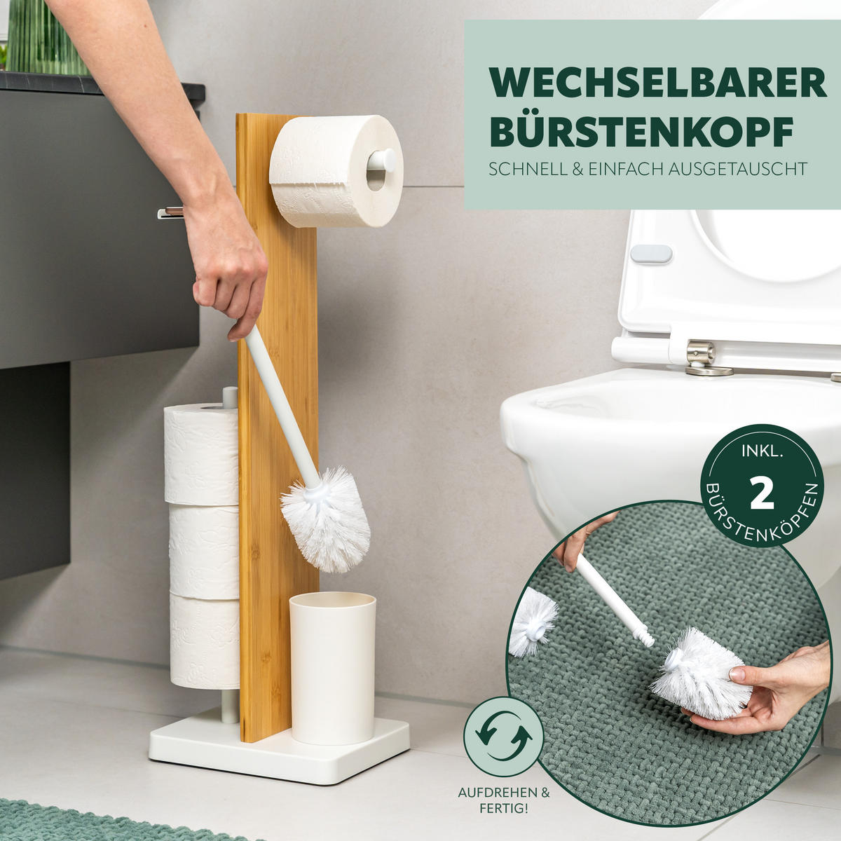 STAND-WC-GARNITUR 4in1, Bambus/Metall weiß - Weiß, Holz (23/68/18cm) - eluno