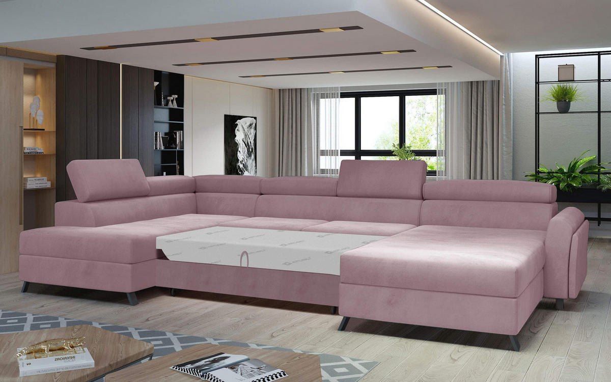 WOHNLANDSCHAFT mit Schlaffunktion und Bettkasten - Schwarz/Rosa, Textil/Metall (370/98/200cm) - Eltap