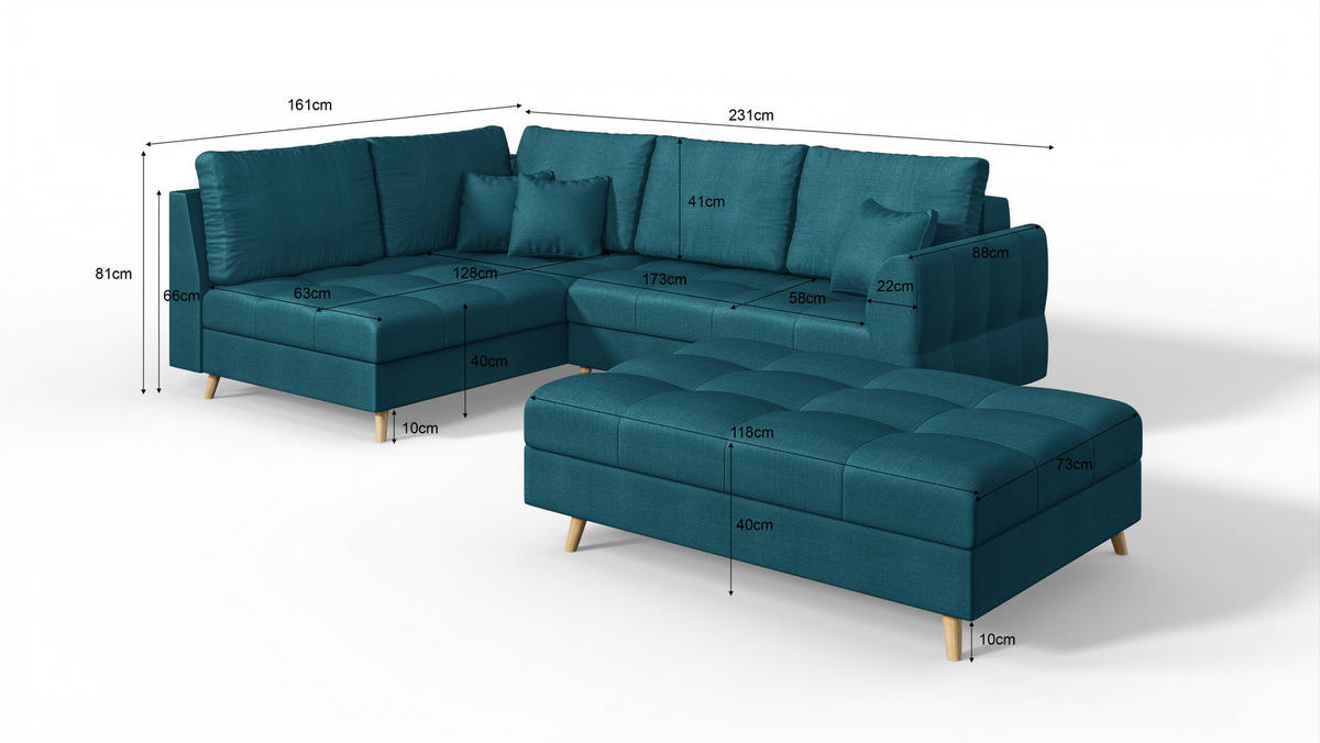 ECKSOFA MIT HOCKER Lorine Mikrofaser Blau - Blau/Hellbraun, Buchenholz/Textil (231/161cm) - S-Style Möbel