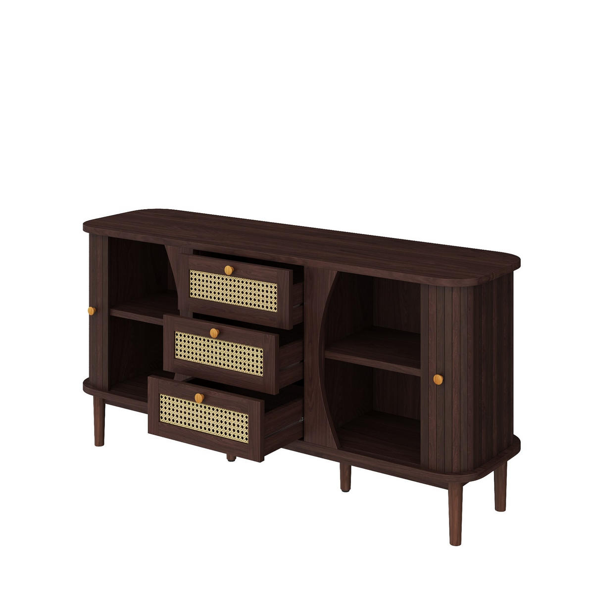 SIDEBOARD 140,5/40/76 cm mit 2 Schiebetüren & 3 Rattanschubladen in Walnuss-Optik - Naturfarben, Holzwerkstoff (140.5/73/40cm) - BEAOK
