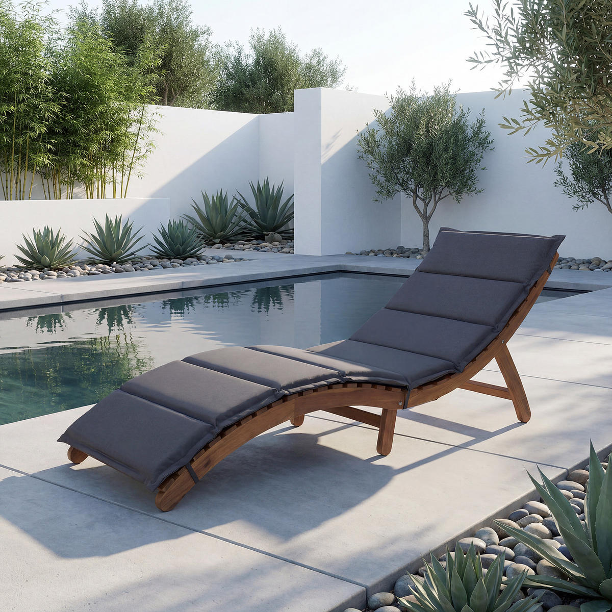 GARTENLIEGE - Akazie massiv / Webstoff - Anthrazit, Holz/Textil (54/55/168cm) - home24