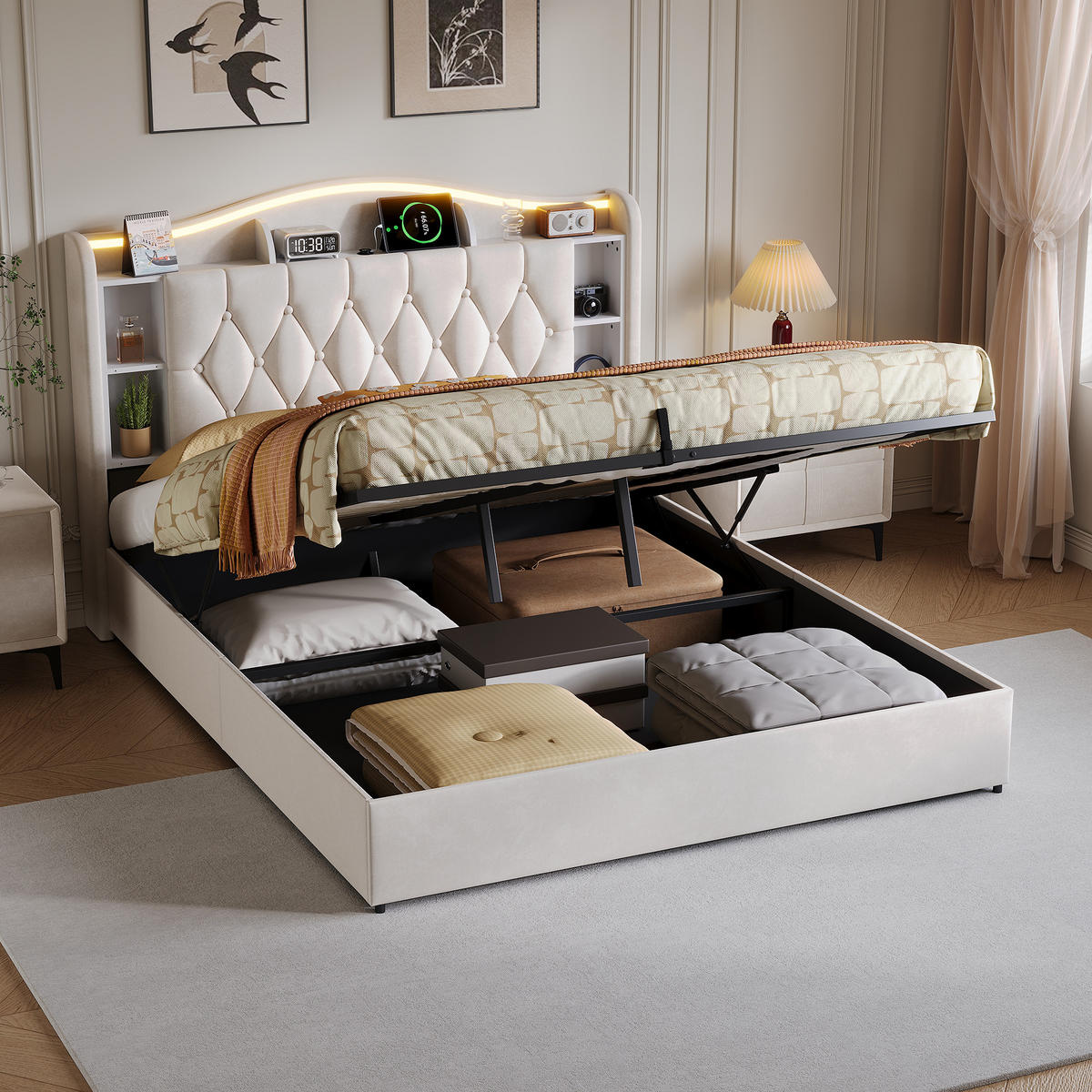 POLSTERBETT 140x200 cm mit Bettkasten, LED & USB, Doppelbett mit Kopfteil Stauraum und kabellosem Laden, Beige - Beige, Metall (140/200cm) - EuroLiving