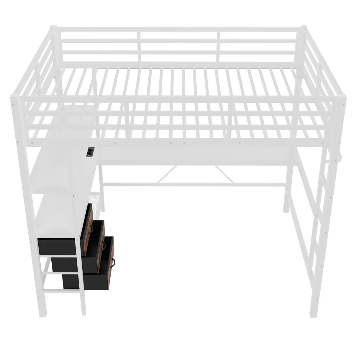 HOCHBETT 140/200 cm Weiß mit LED-Beleuchtung mit Schreibtisch mit Steckdose + USB mit 3 Schubladen - Weiß, Metall (140/200cm) - OKWISH