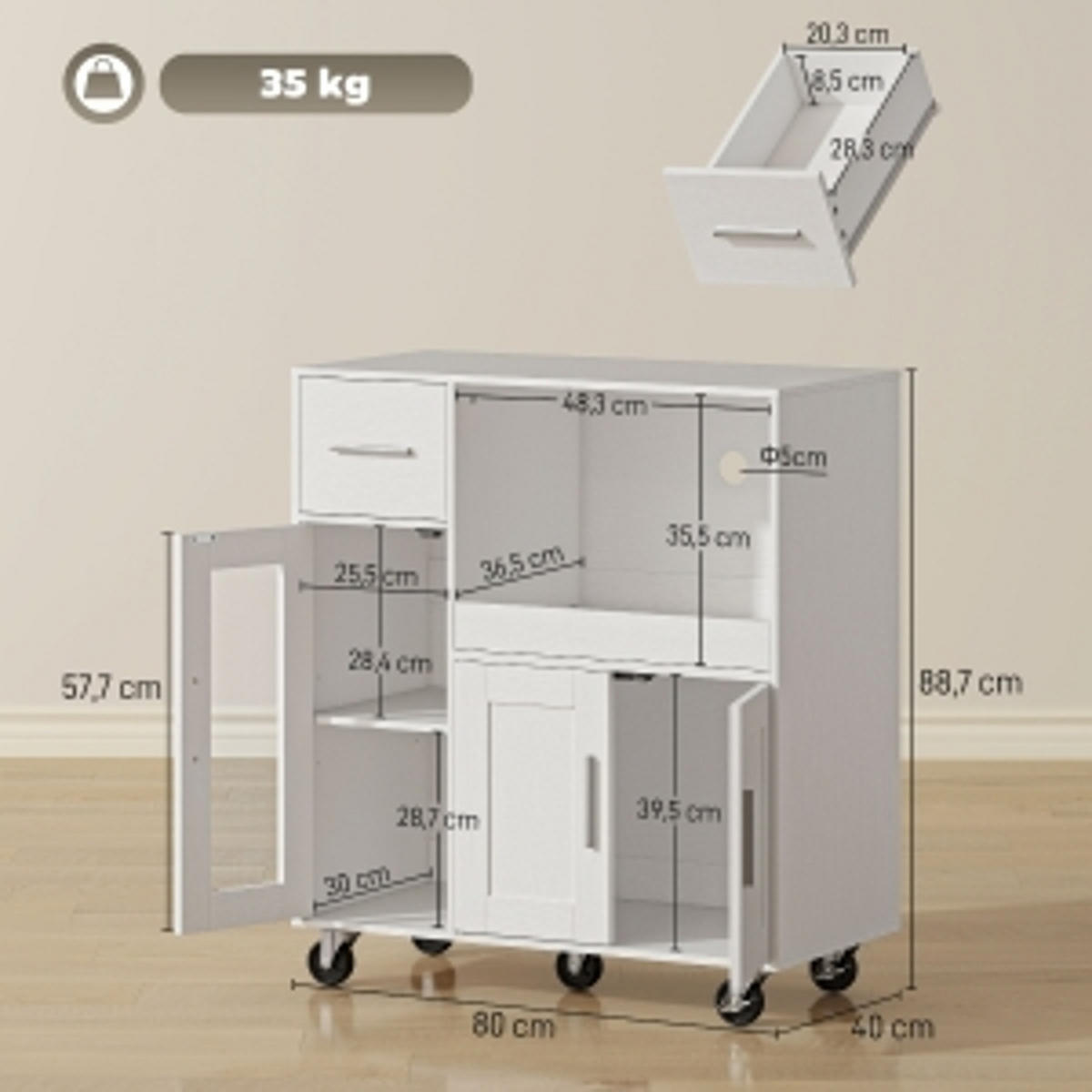 KÜCHENINSEL auf Rädern, für Küche und Esszimmer, 80/88,7/40 cm - Weiß, Holzwerkstoff (40/88.7/80cm) - Rolipo