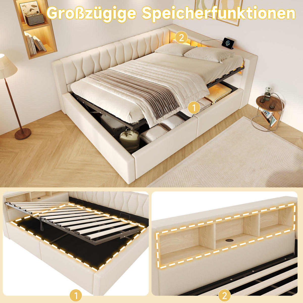 TAGESBETT 140x200cm Schlafsofa Hydraulik LED USB Beige - Beige, Naturmaterialien (140/200cm) - FLIEKS