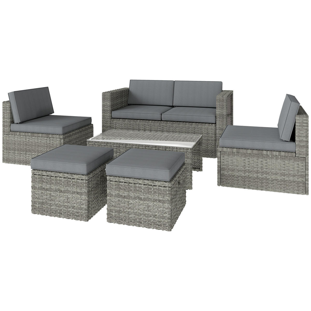GARTENLOUNGE-SET 6tlg DE-13718 nestbar mit Glastisch Grau - Dunkelgrau, Metall - ComfortXL