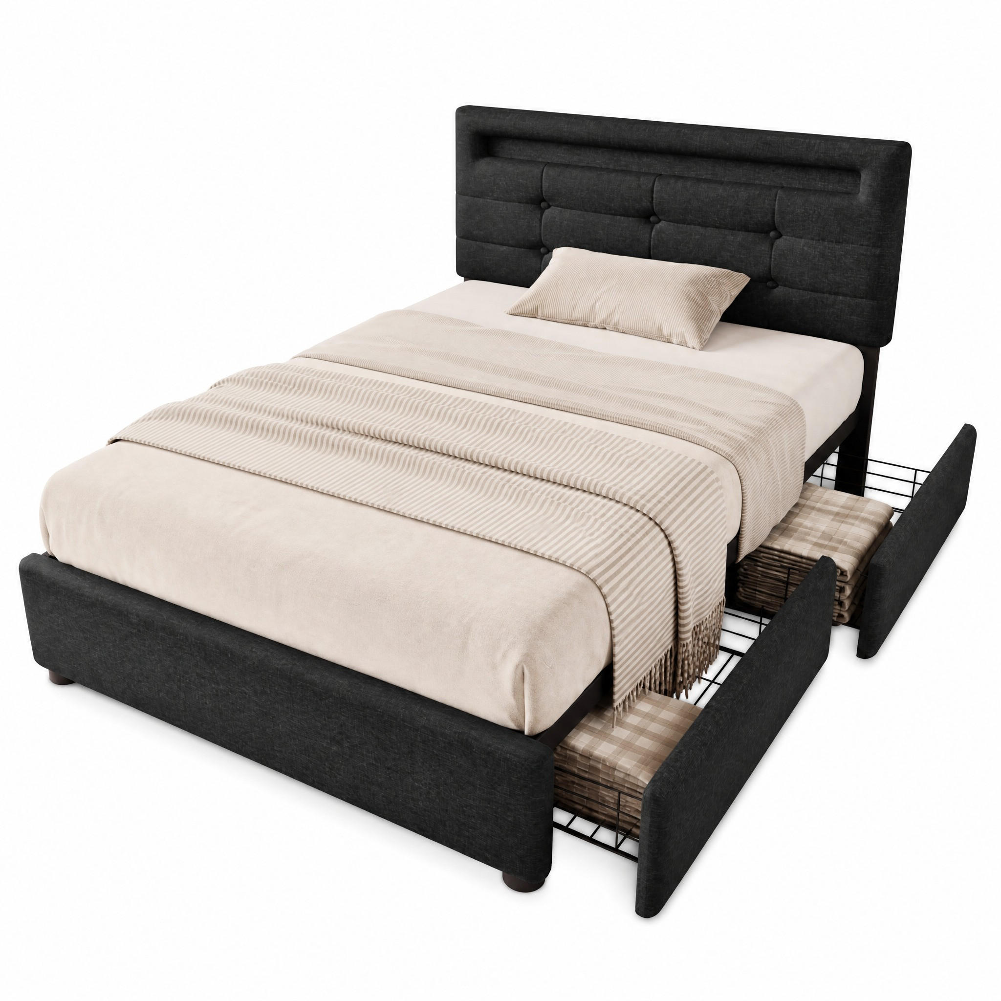 POLSTERBETT 90/200 cm in Schwarz mit 2 Schubladen, LED und Verstellbarem Kopfteil aus Leinen - Schwarz, Holzwerkstoff/Textil (90/200cm) - STILVORA