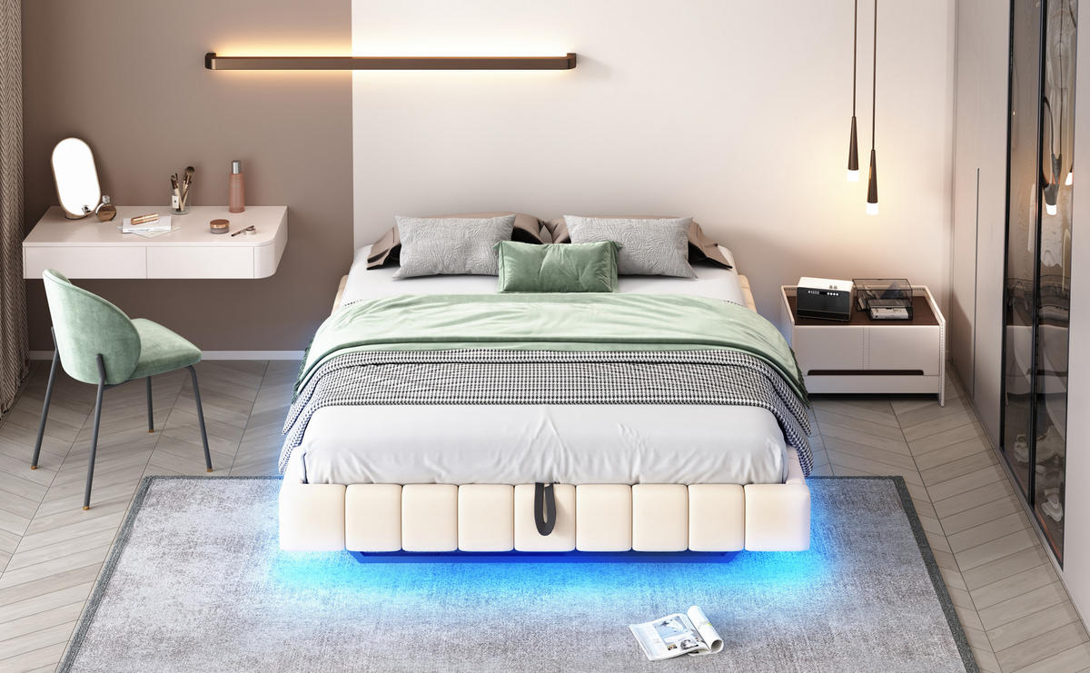 POLSTERBETT 160x200 cm LED Stauraum beige - Beige, Textil (160/200cm) - LEBENLANG