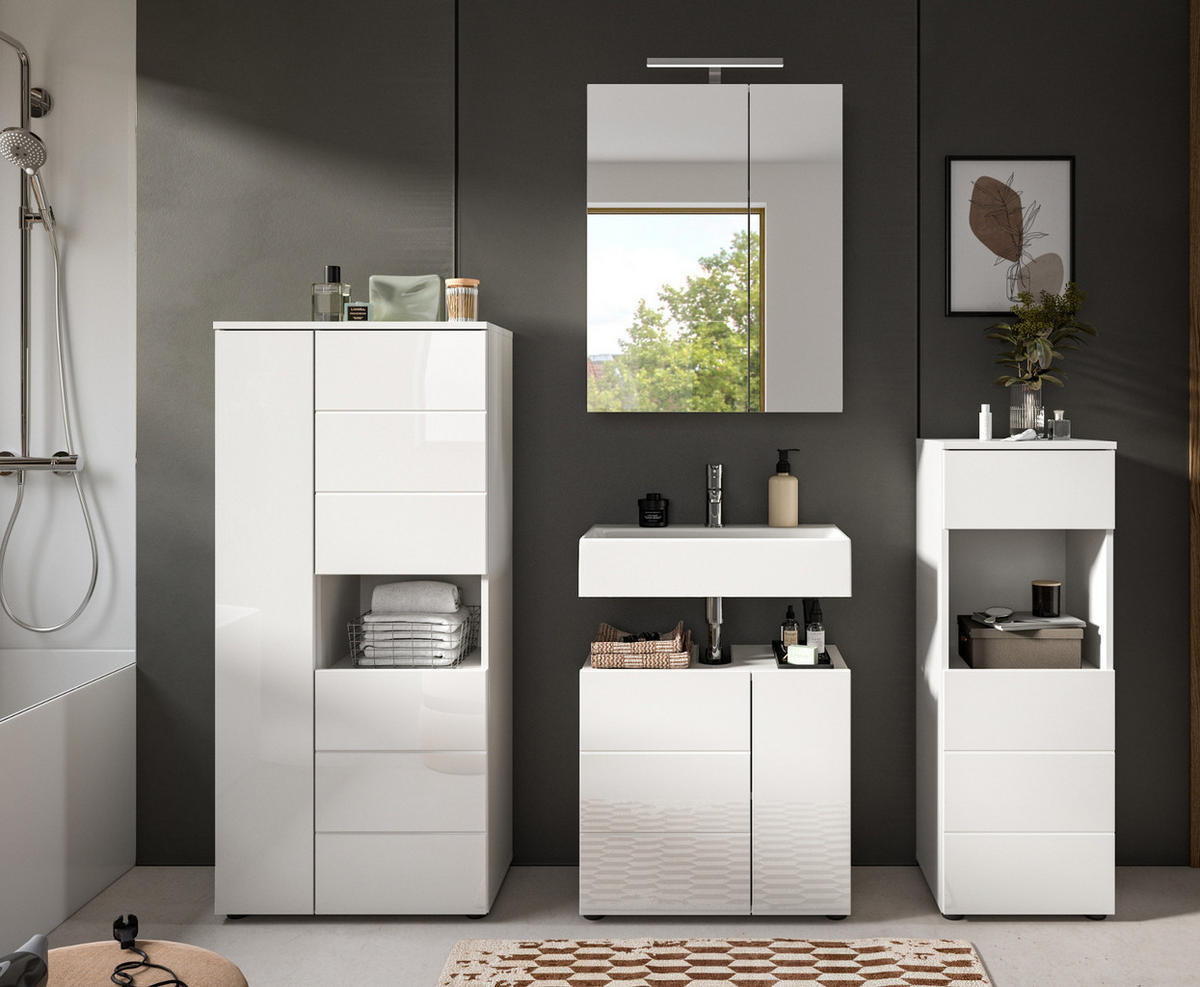 BADSCHRANK weiß Hochglanz 60 x 131 cm, Midischrank mit 9 Fächern - Weiß Hochglanz/Schwarz, Holzwerkstoff/Kunststoff (60/131/34cm) - Inn.Furn