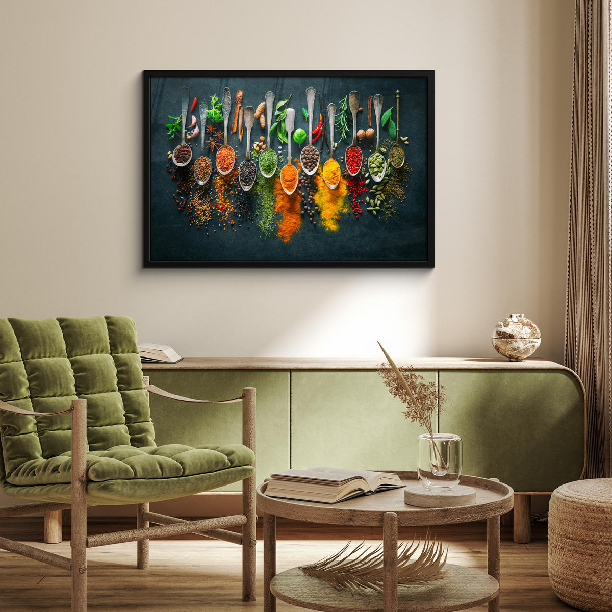 ZARÁMOVANÝ PLAGÁT Bylinky - korenie - lyžičky 90x60 cm - kari žltá, papier (90/60cm) - MuchoWow
